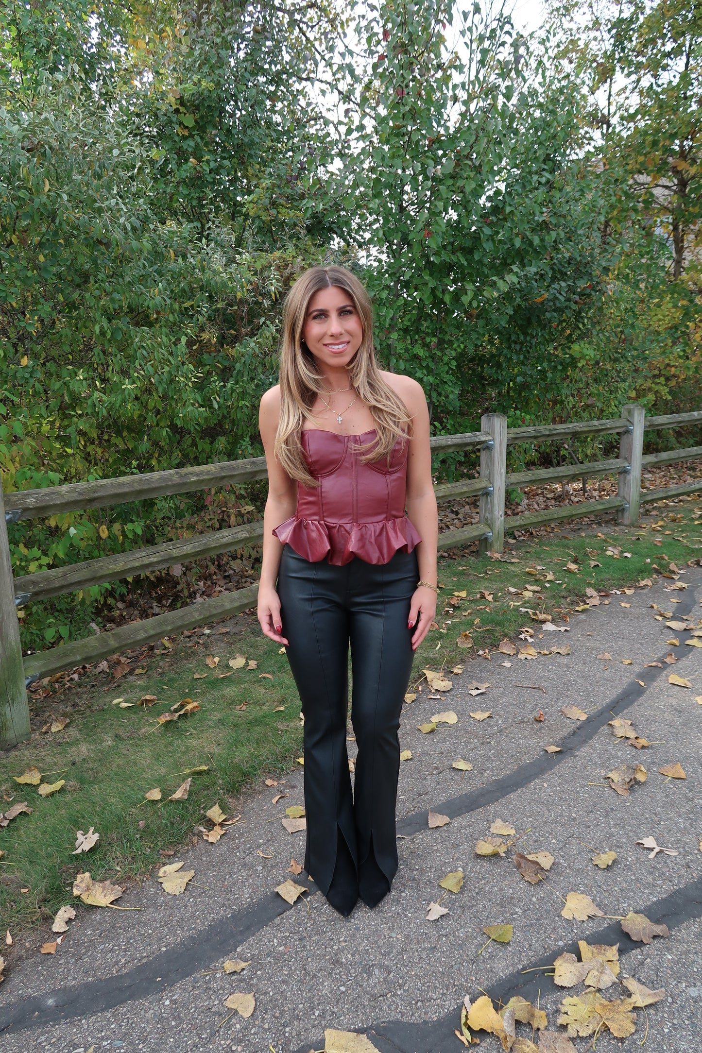Cherry Leather Peplum Top