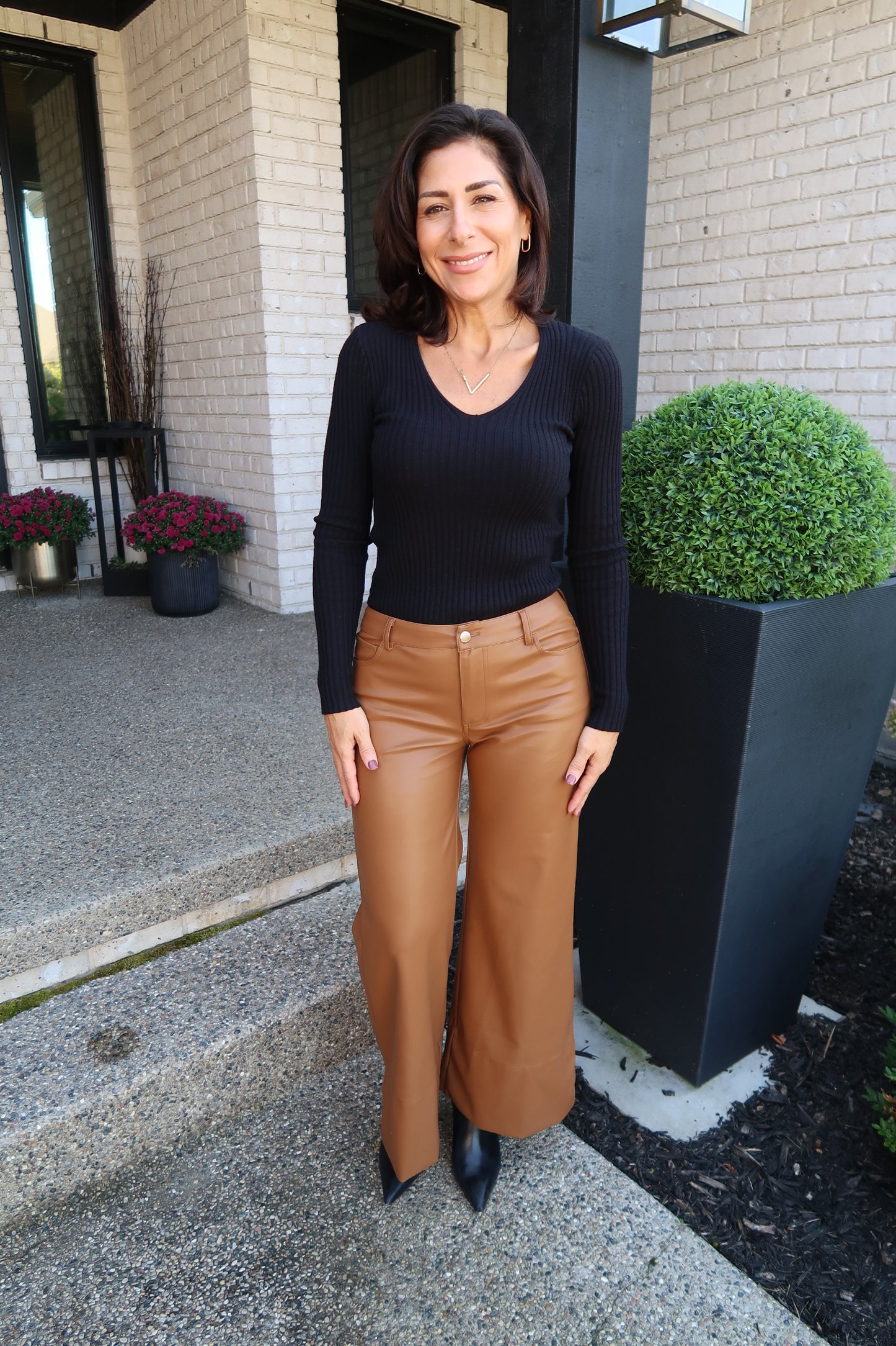 Camel Wide Leg Leather Flare Pants