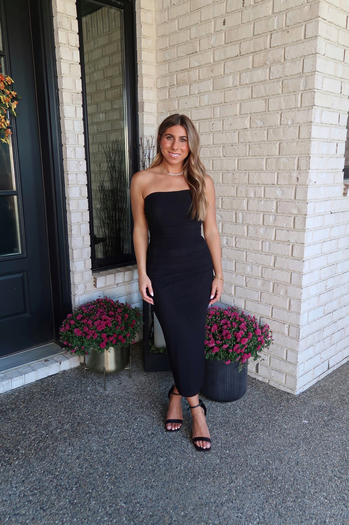Mesh Strapless Midi Dress - Black