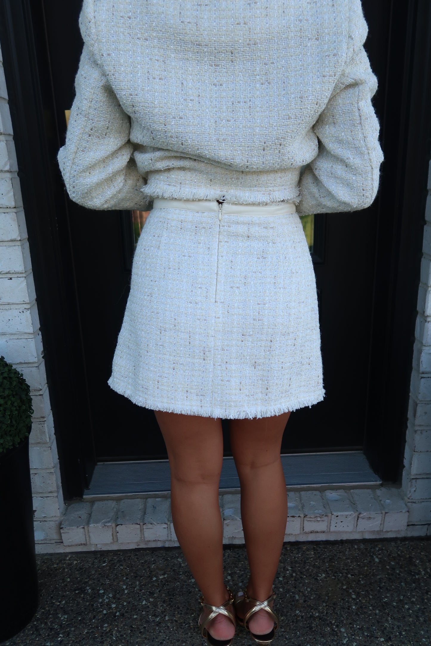 Tweed Leather Contrast Mini Skirt - Cream