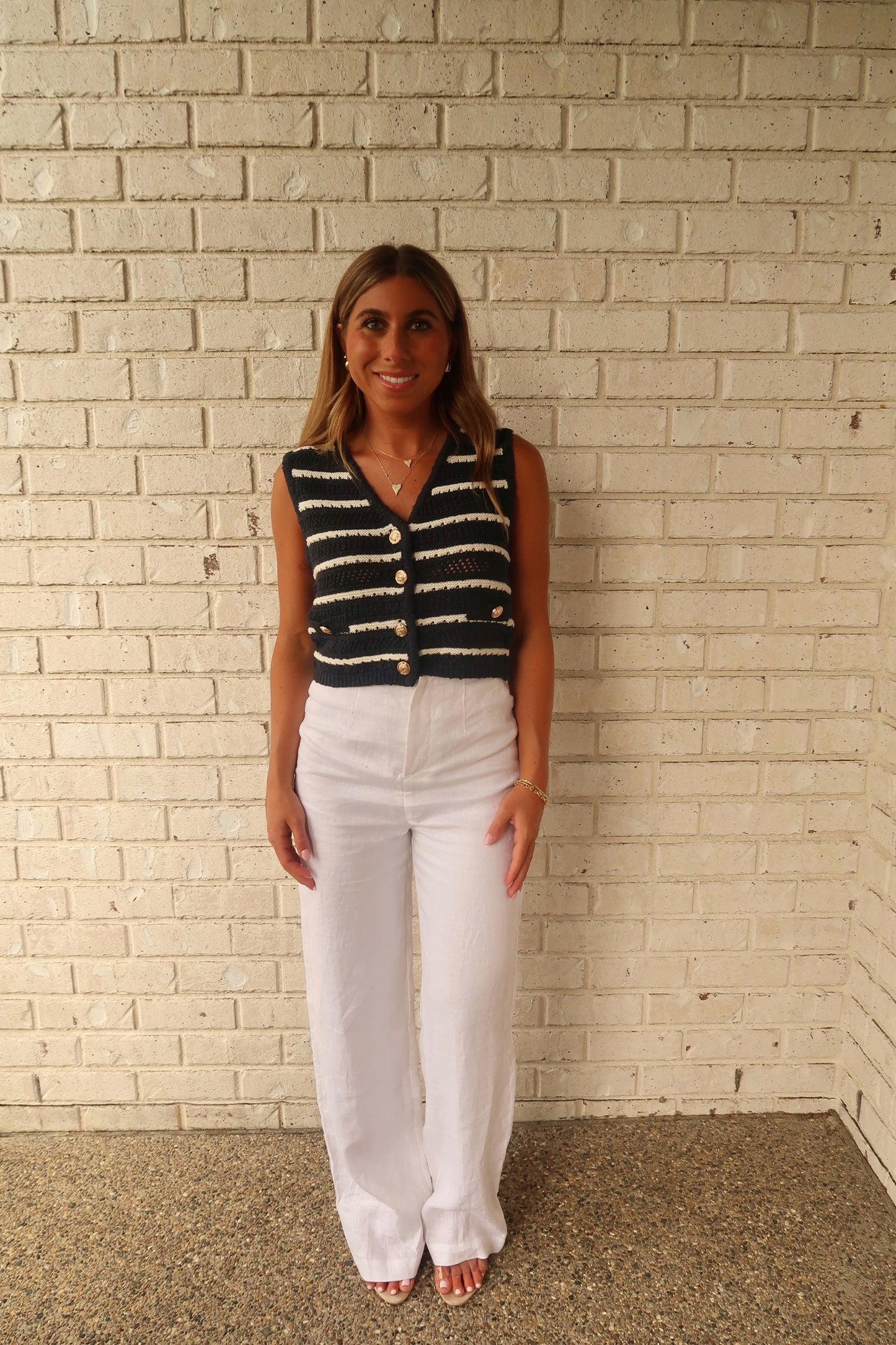 Navy Striped Crochet Knit Vest