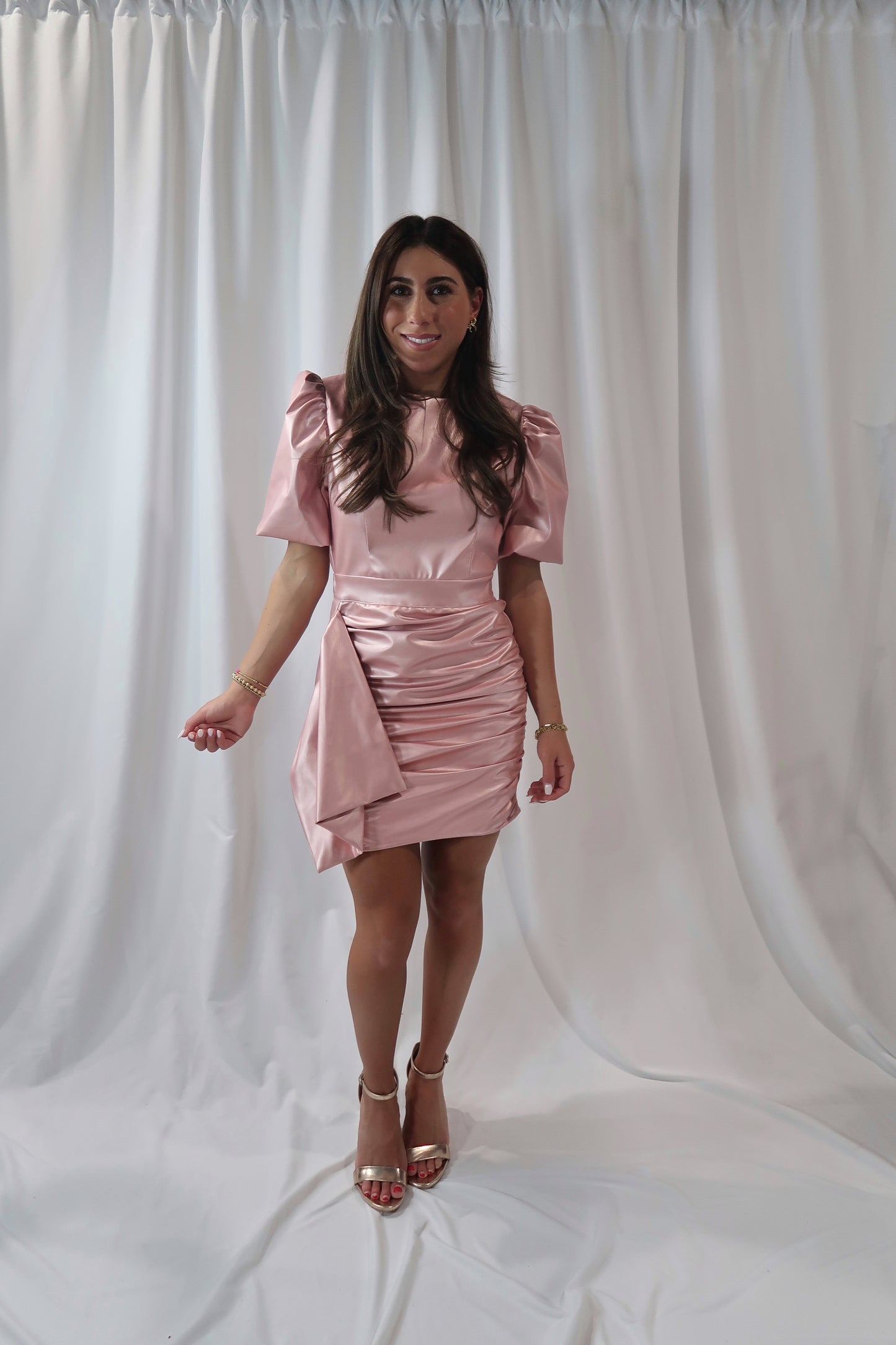 Pink Metallic Short Sleeve Mini Dress