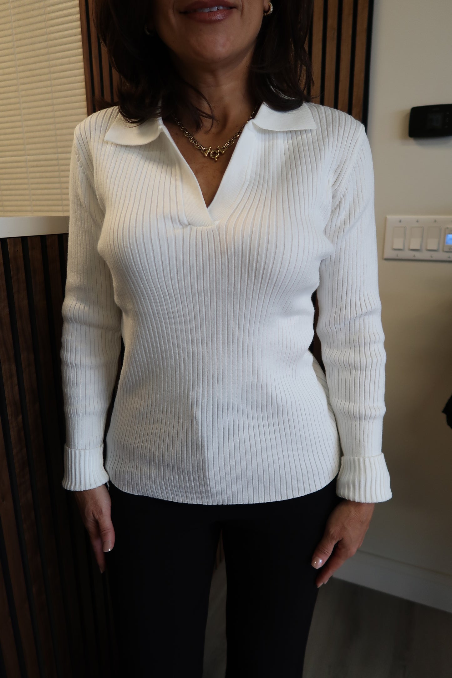 Ribbed V-Neck White Sweater