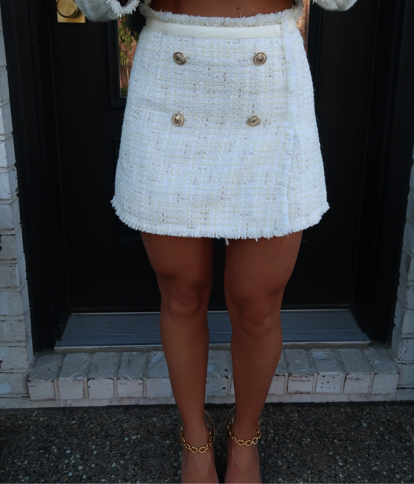 Tweed Leather Contrast Mini Skirt - Cream