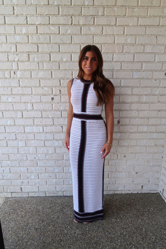 Maroon Striped Crochet Knit Dress