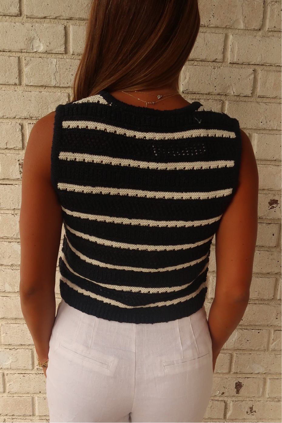 Navy Striped Crochet Knit Vest