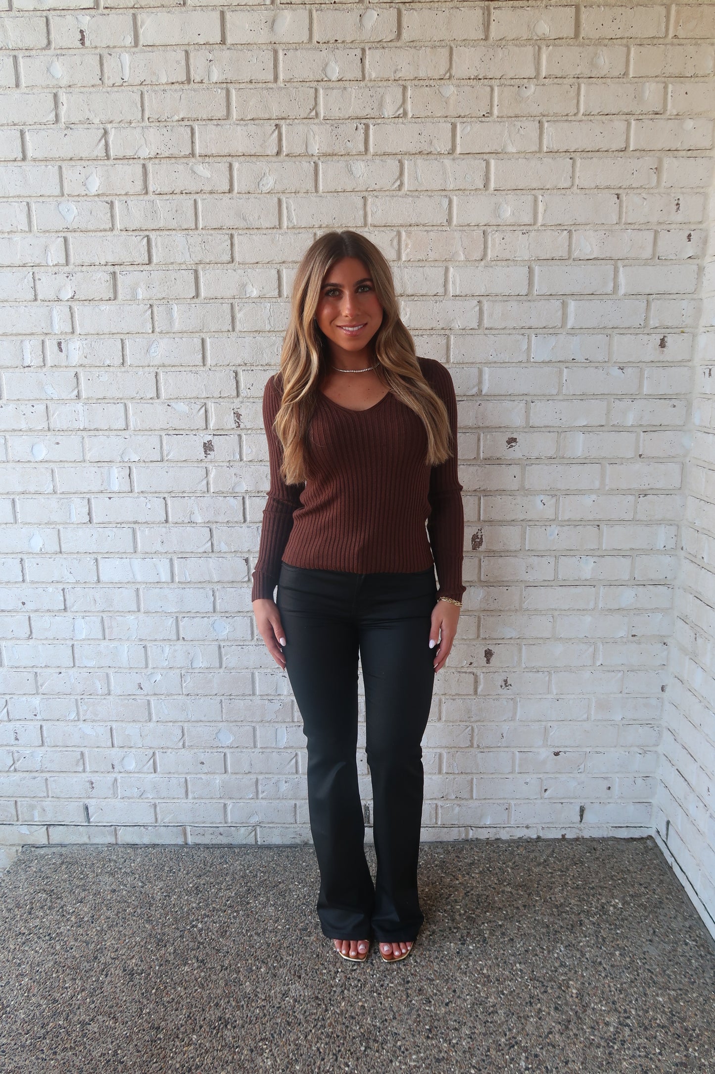 V Neck Long Sleeve Sweater -Brown