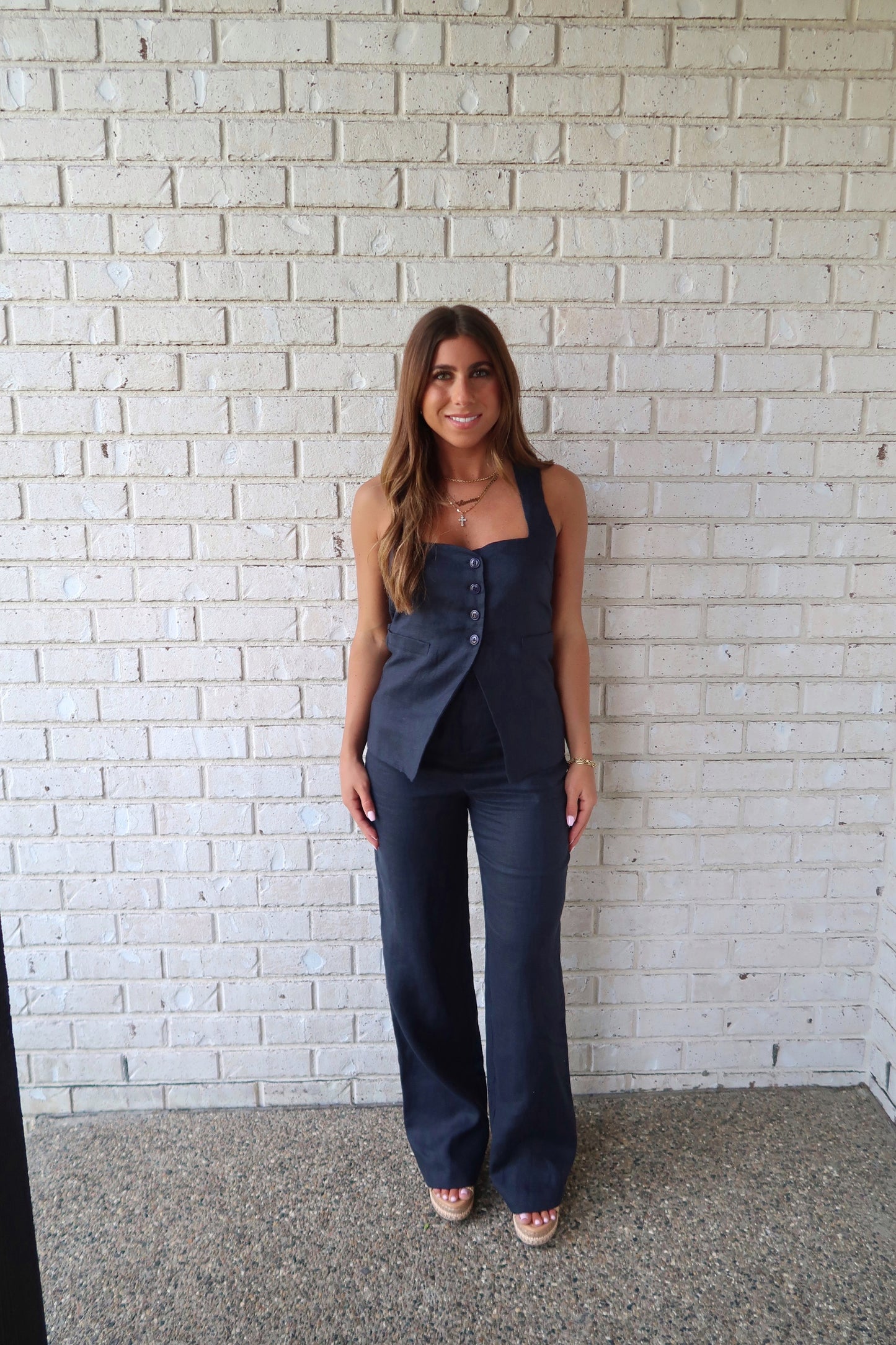 Navy Linen Button Down Top