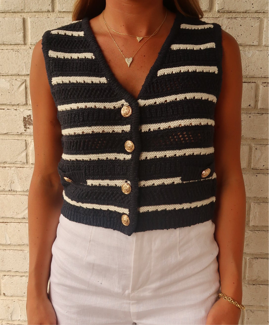 Navy Striped Crochet Knit Vest