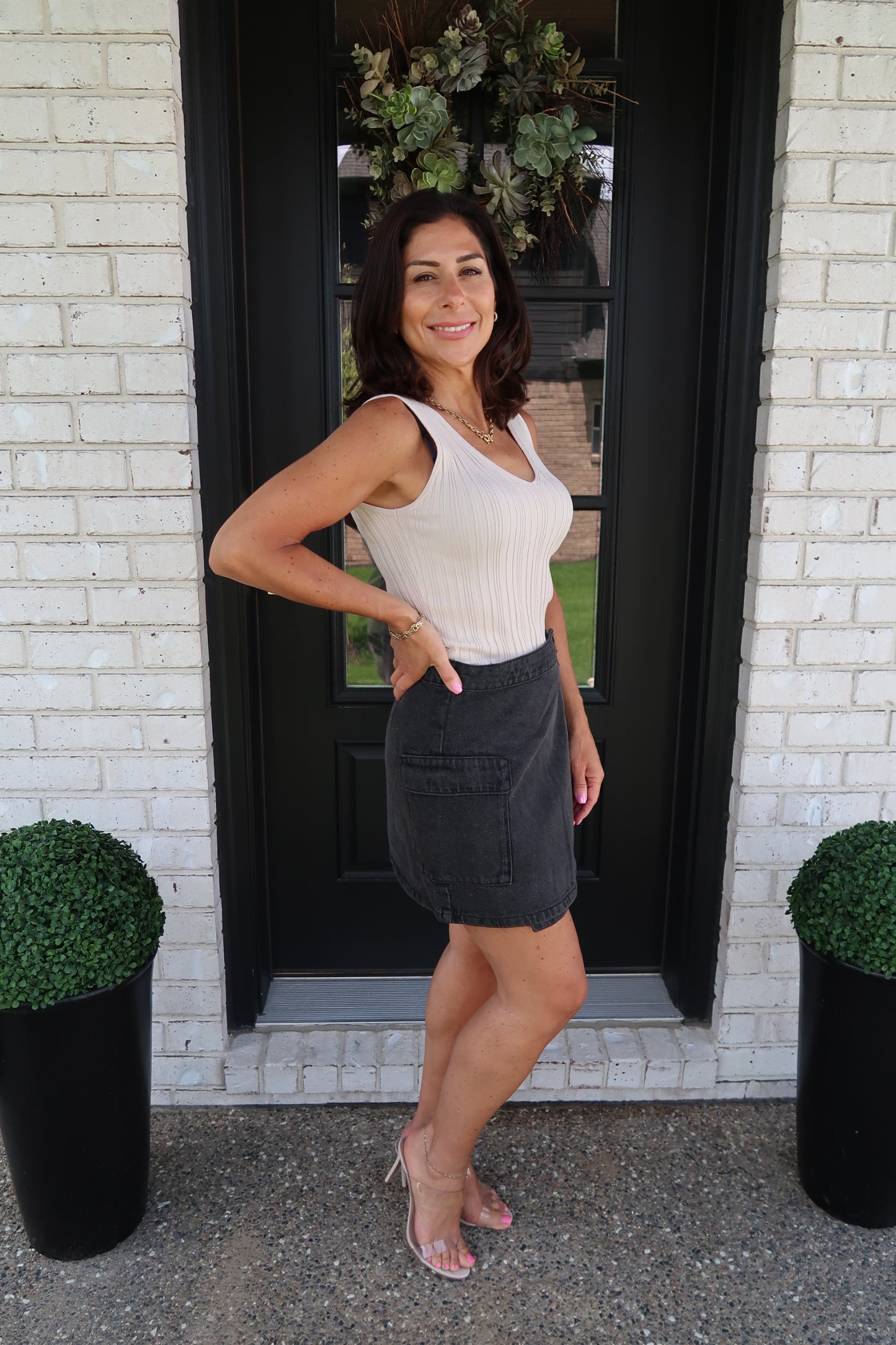 Cargo Denim Skirt - Distressed Black