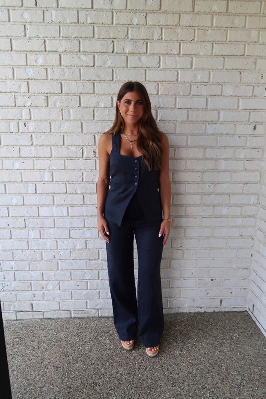 Navy High Rise Linen Pants