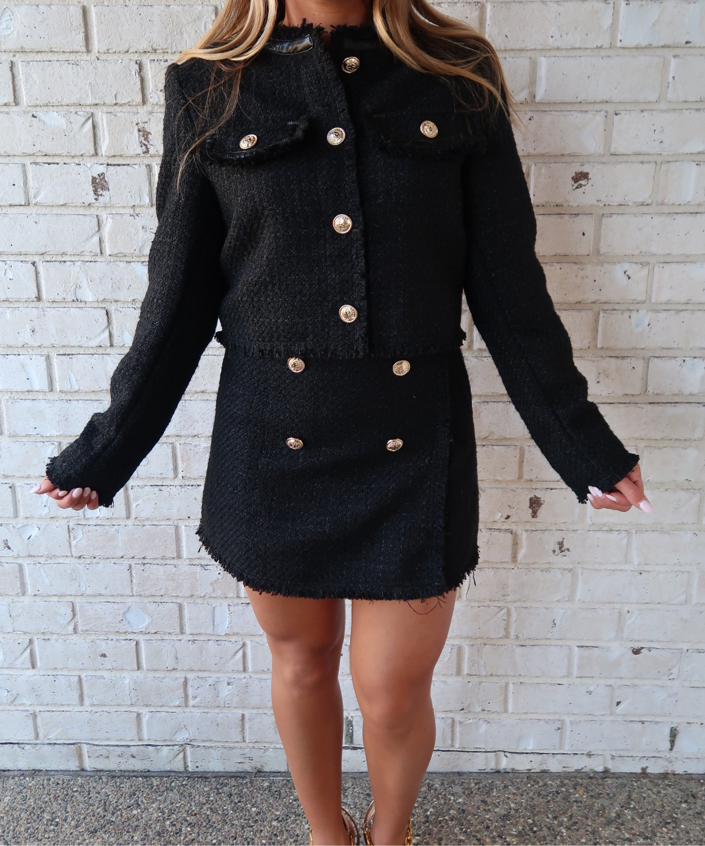 Tweed Leather Contrast Mini Skirt - Black