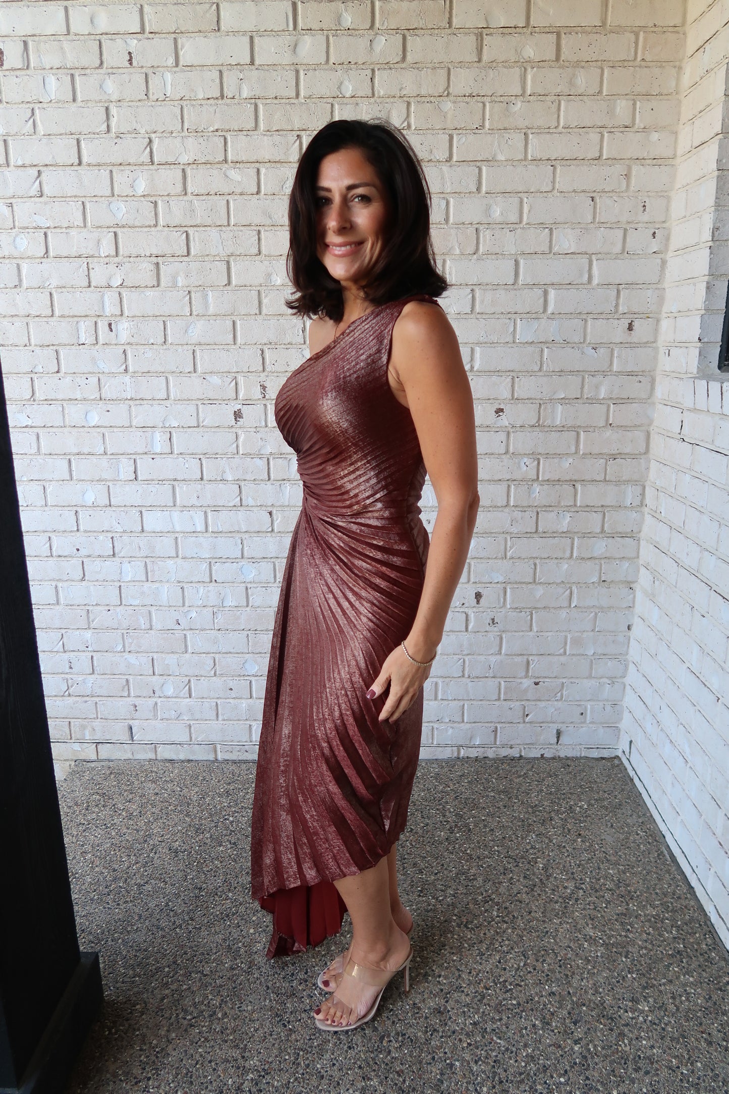 Sunset Gold Metallic Pleated Satin Dress