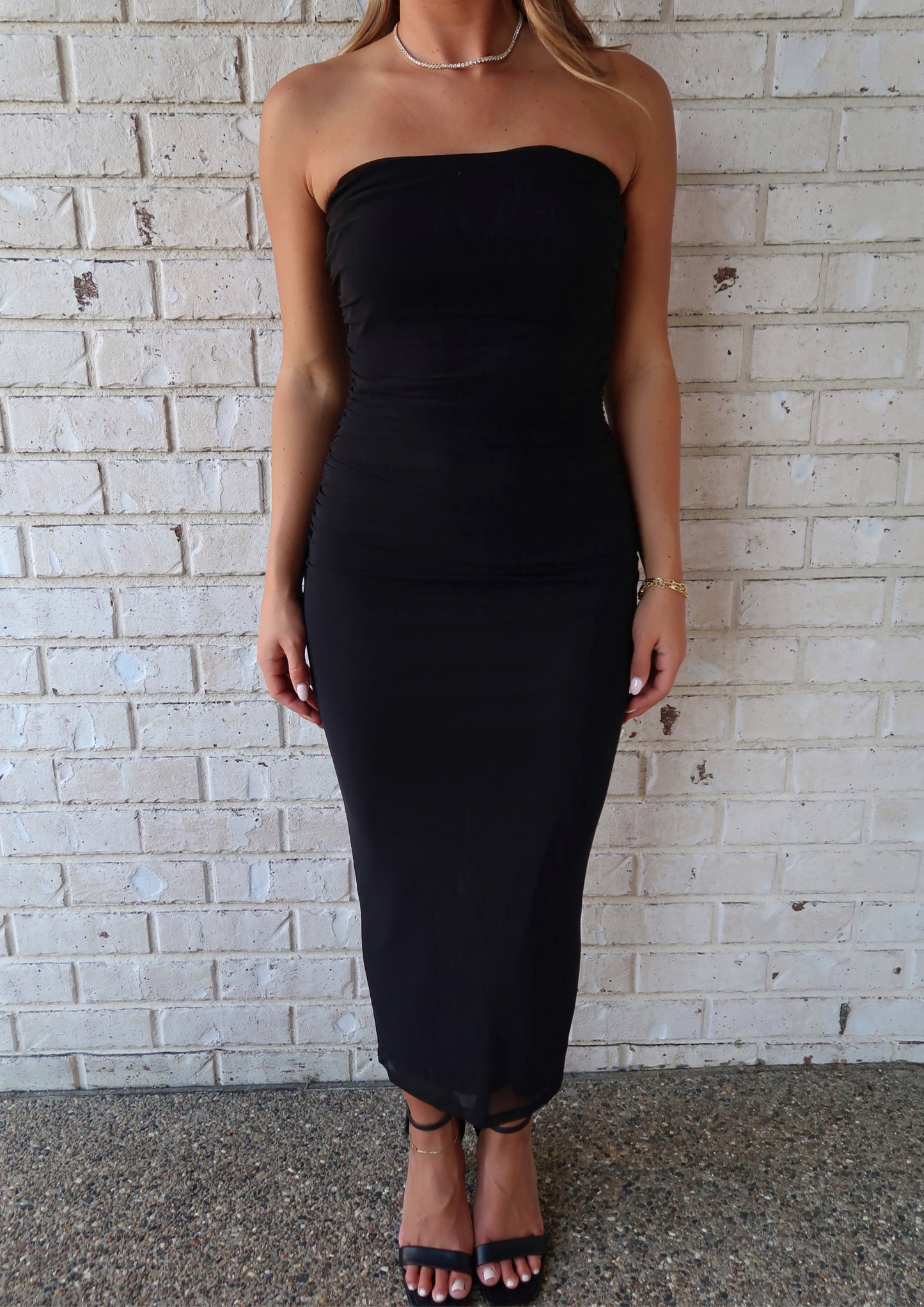 Mesh Strapless Midi Dress - Black
