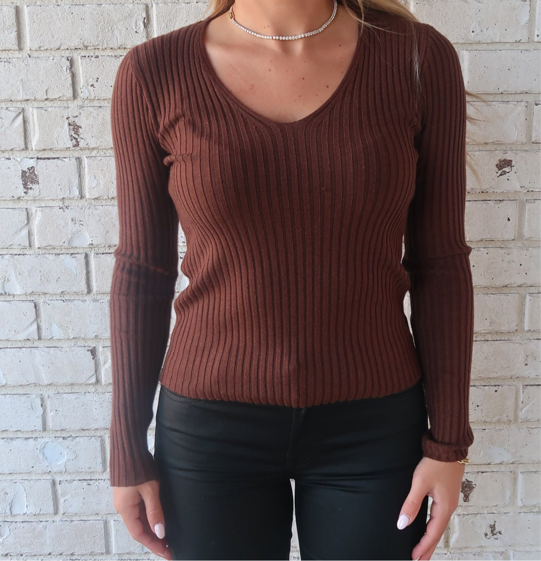 V Neck Long Sleeve Sweater -Brown