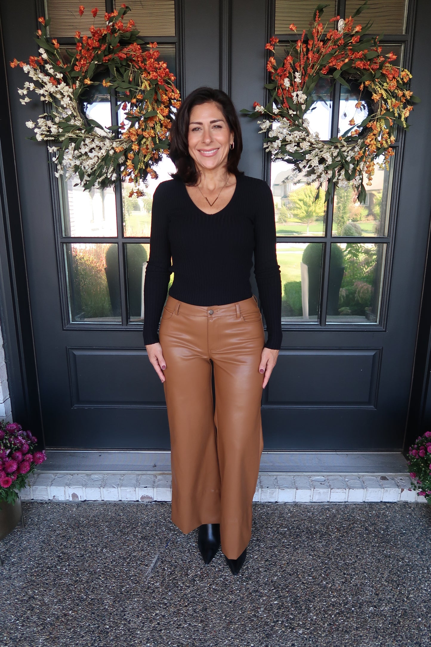 Camel Wide Leg Leather Flare Pants