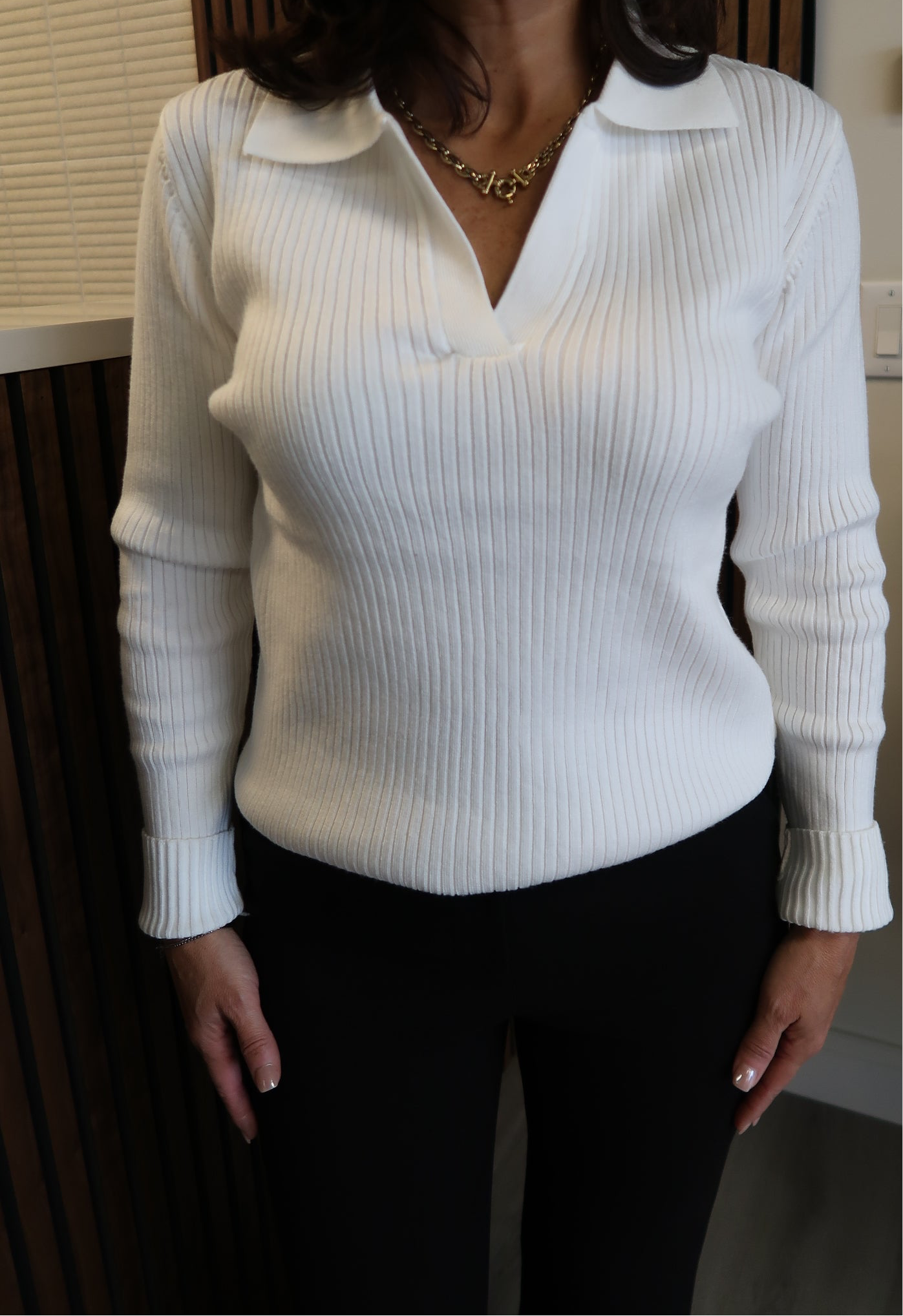 Ribbed V-Neck White Sweater