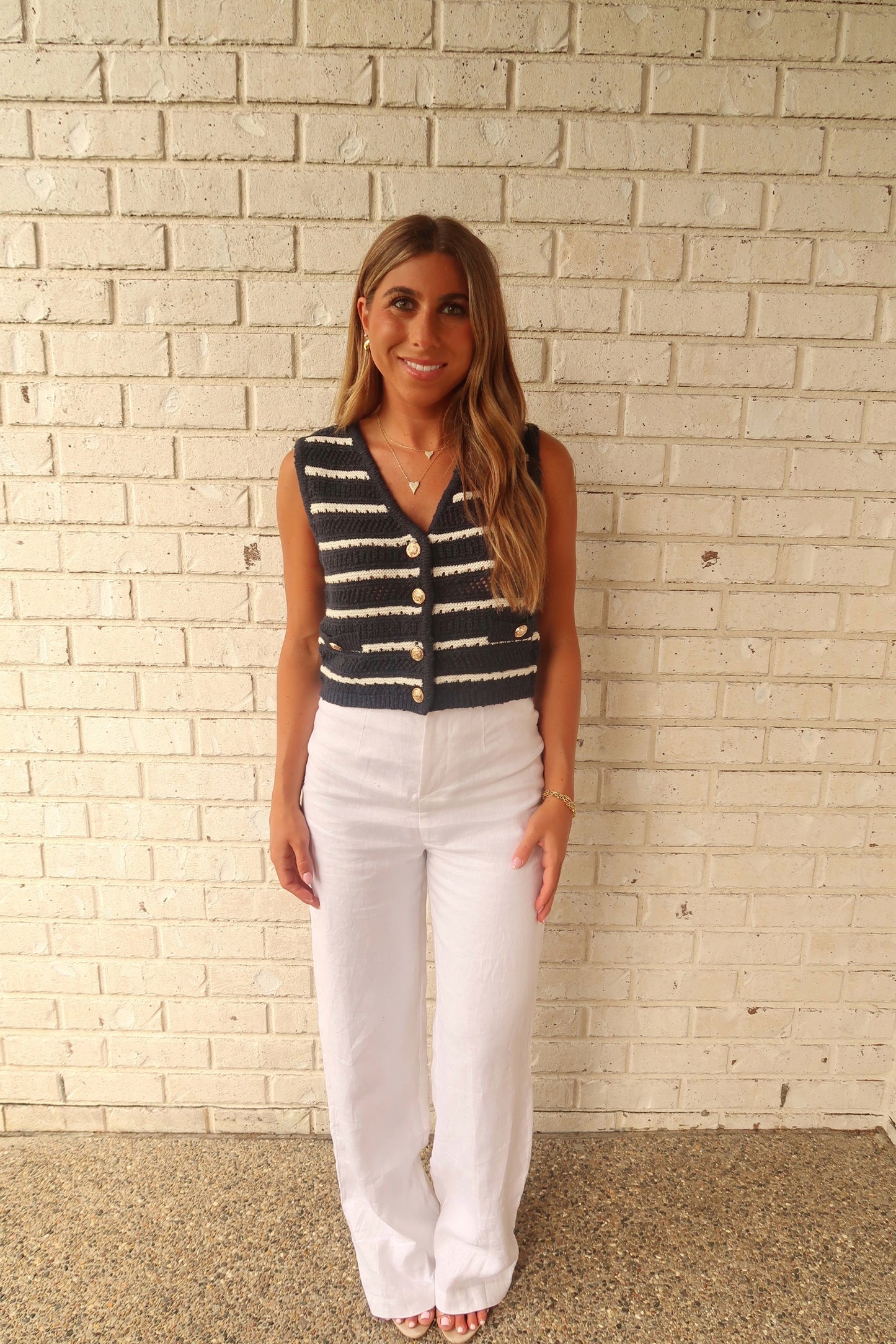 Navy Striped Crochet Knit Vest