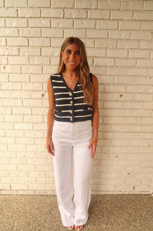 Navy Striped Crochet Knit Vest