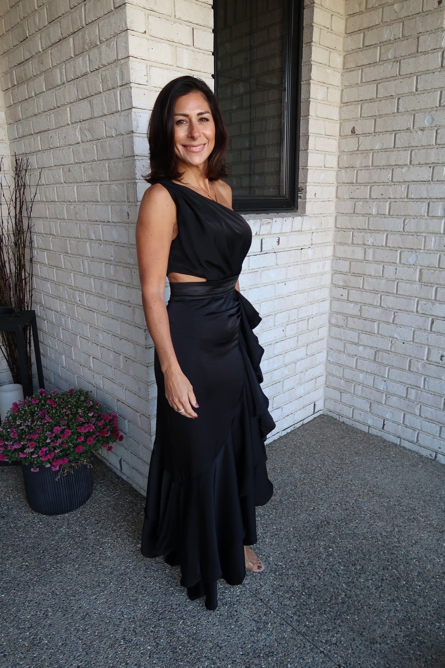 Black Satin Maxi One Shoulder Dress