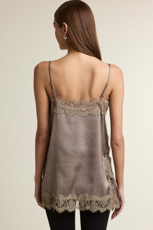 Talia Taupe Lace Trim Satin Top