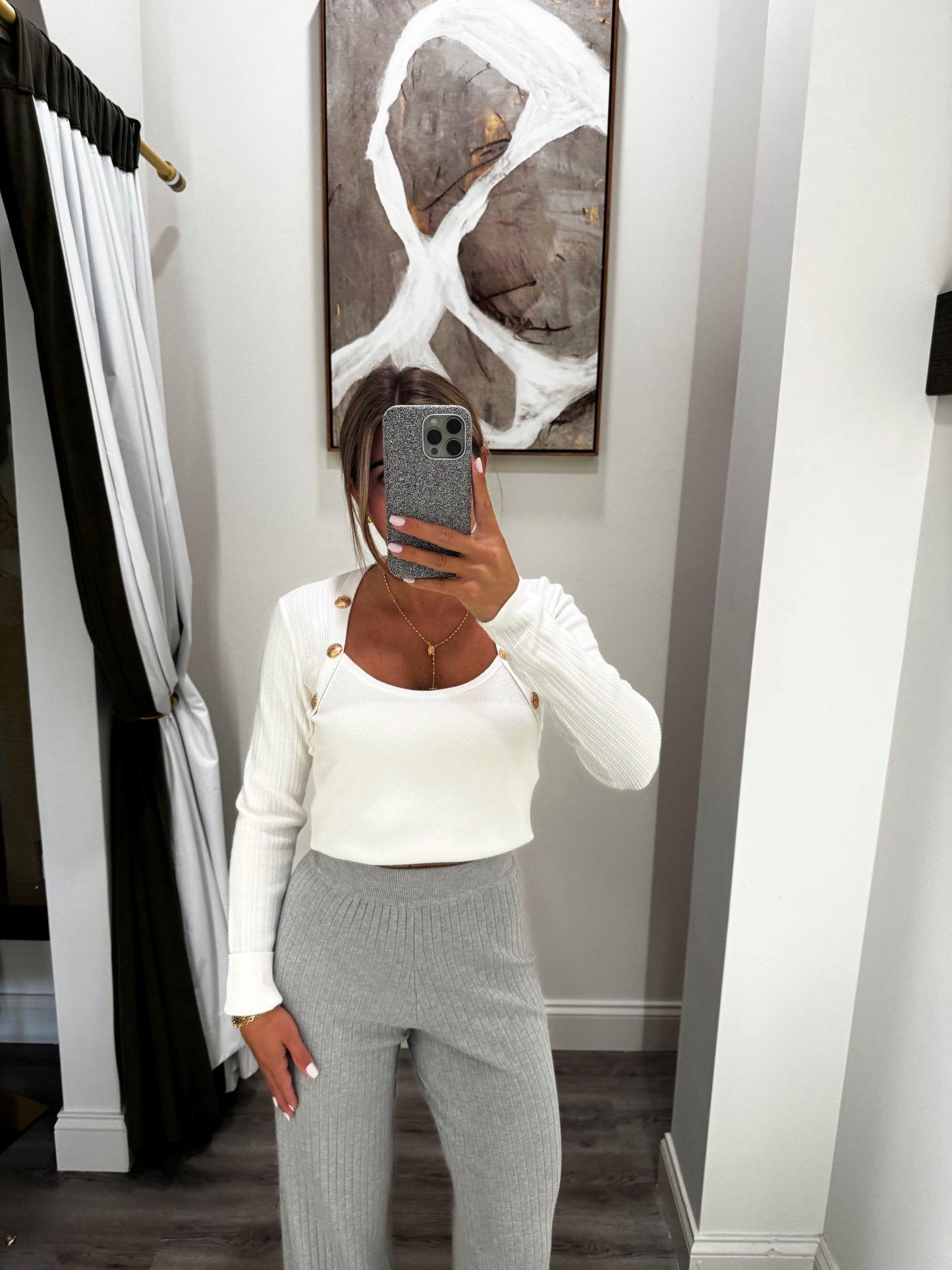 Knit Gold Button Top - White