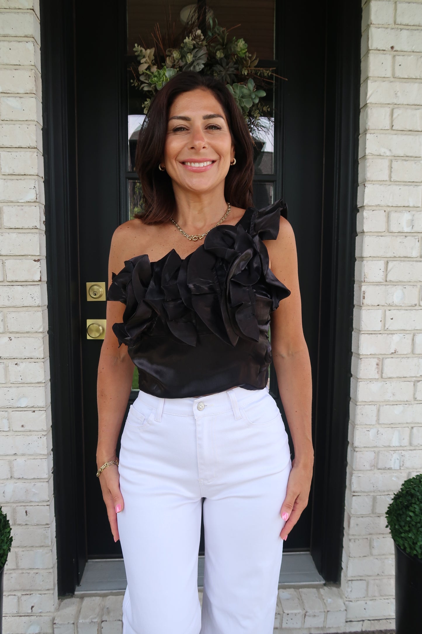 Ruffled Satin Detailed Top - Black