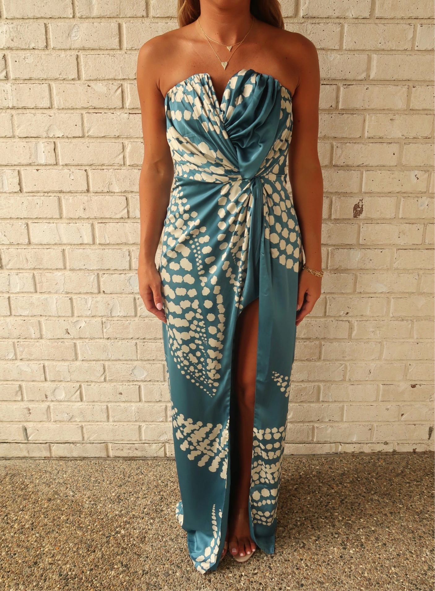 Teal Pleated Satin Midi Dress