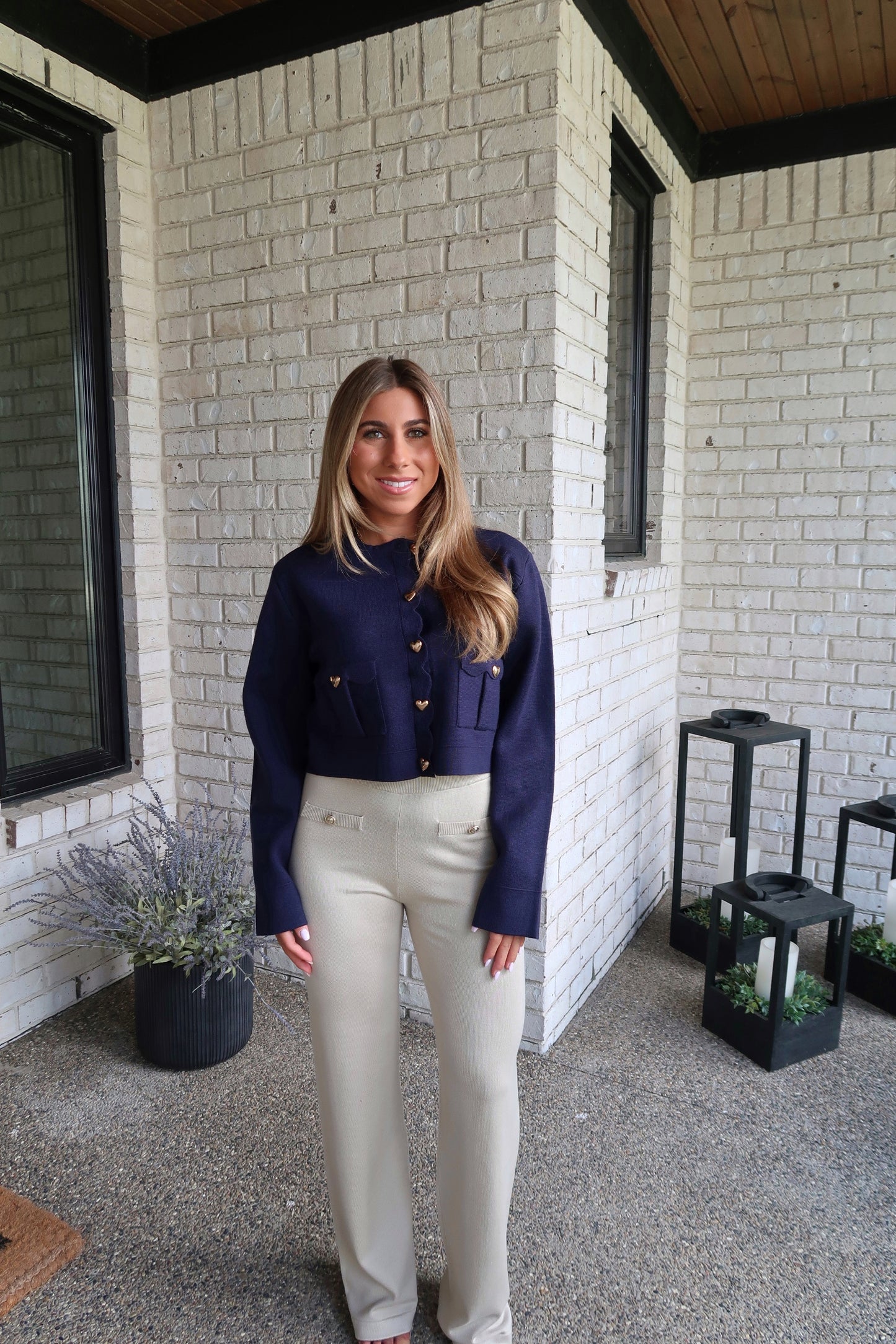 Navy Scalloped Heart Button Sweater