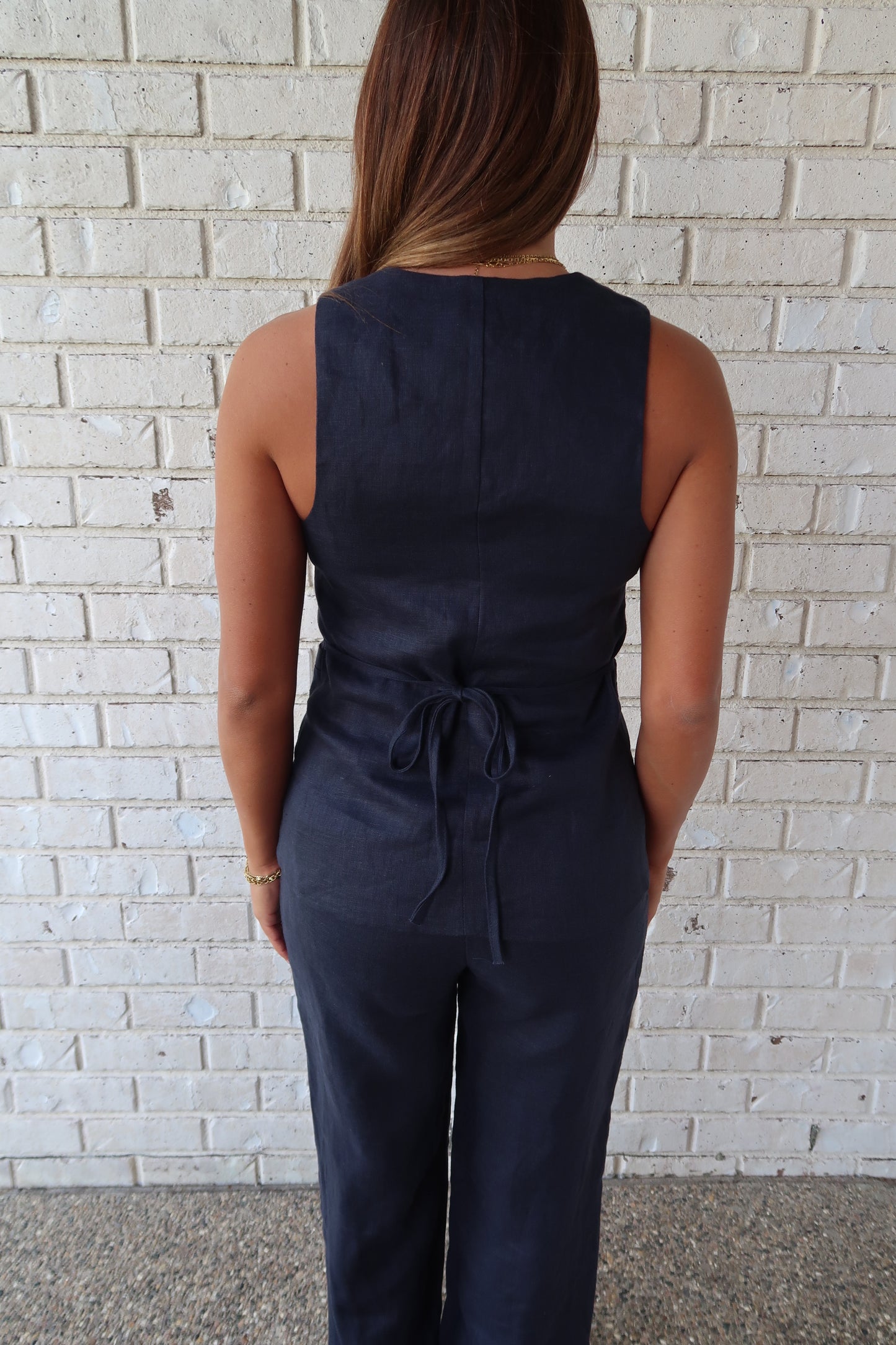 Navy Linen Button Down Top