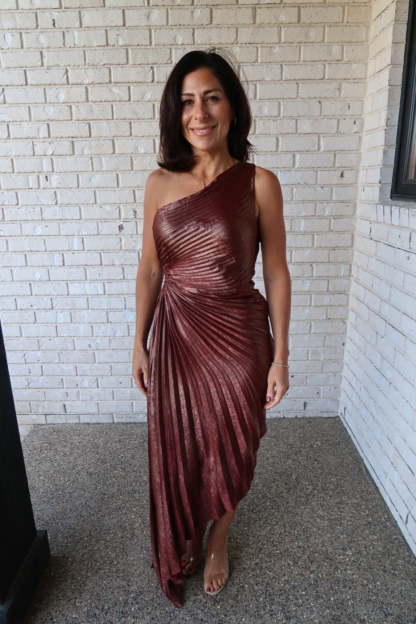 Sunset Gold Metallic Pleated Satin Dress