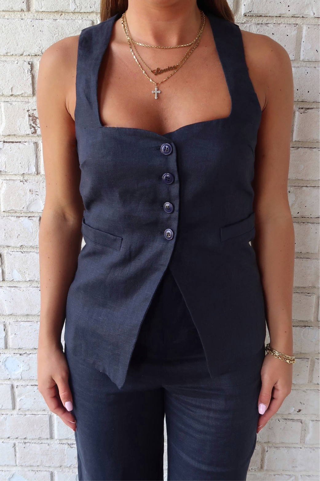 Navy Linen Button Down Top