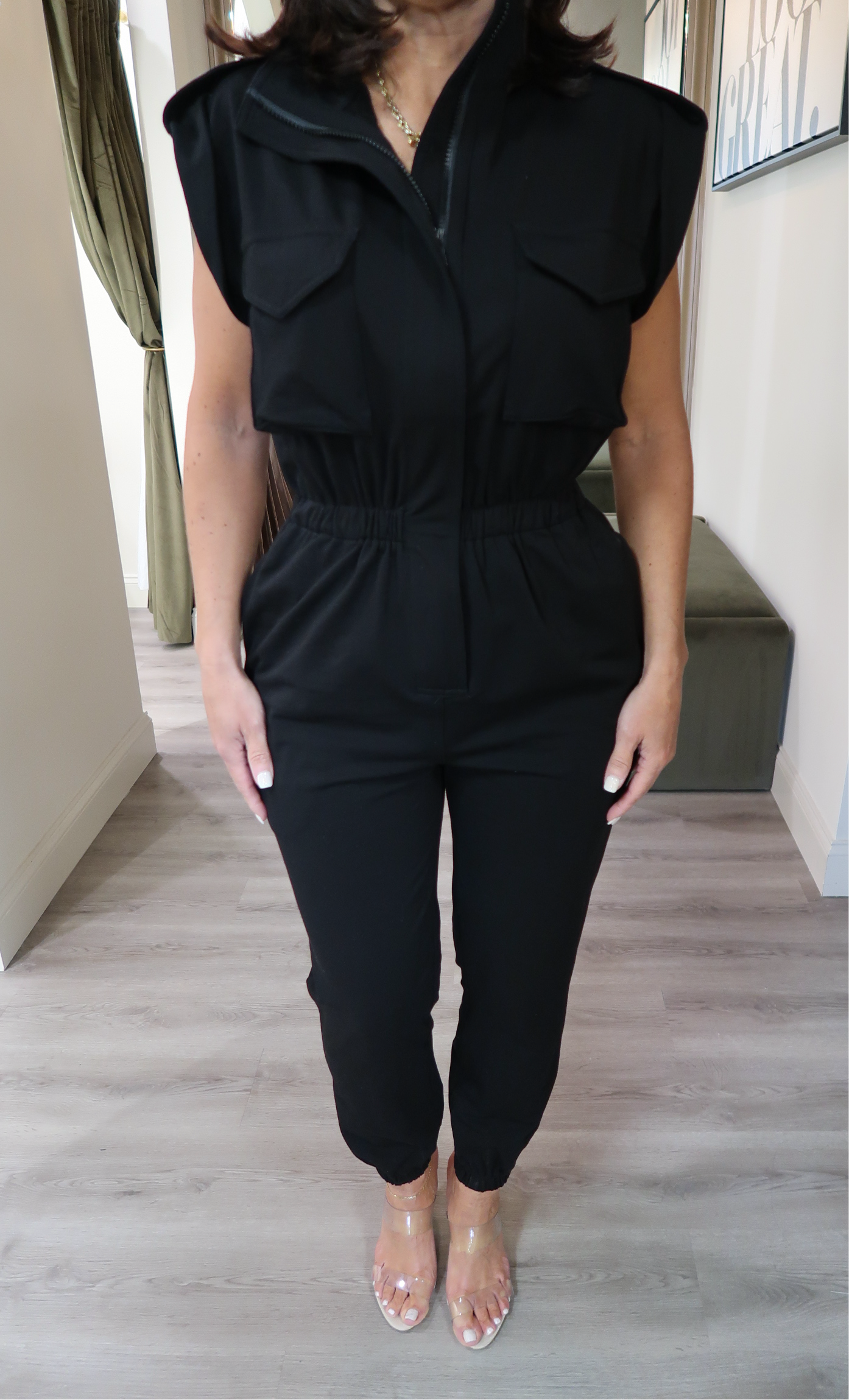 Mock Neck Sleeveless Jogger Jumpsuit - Black