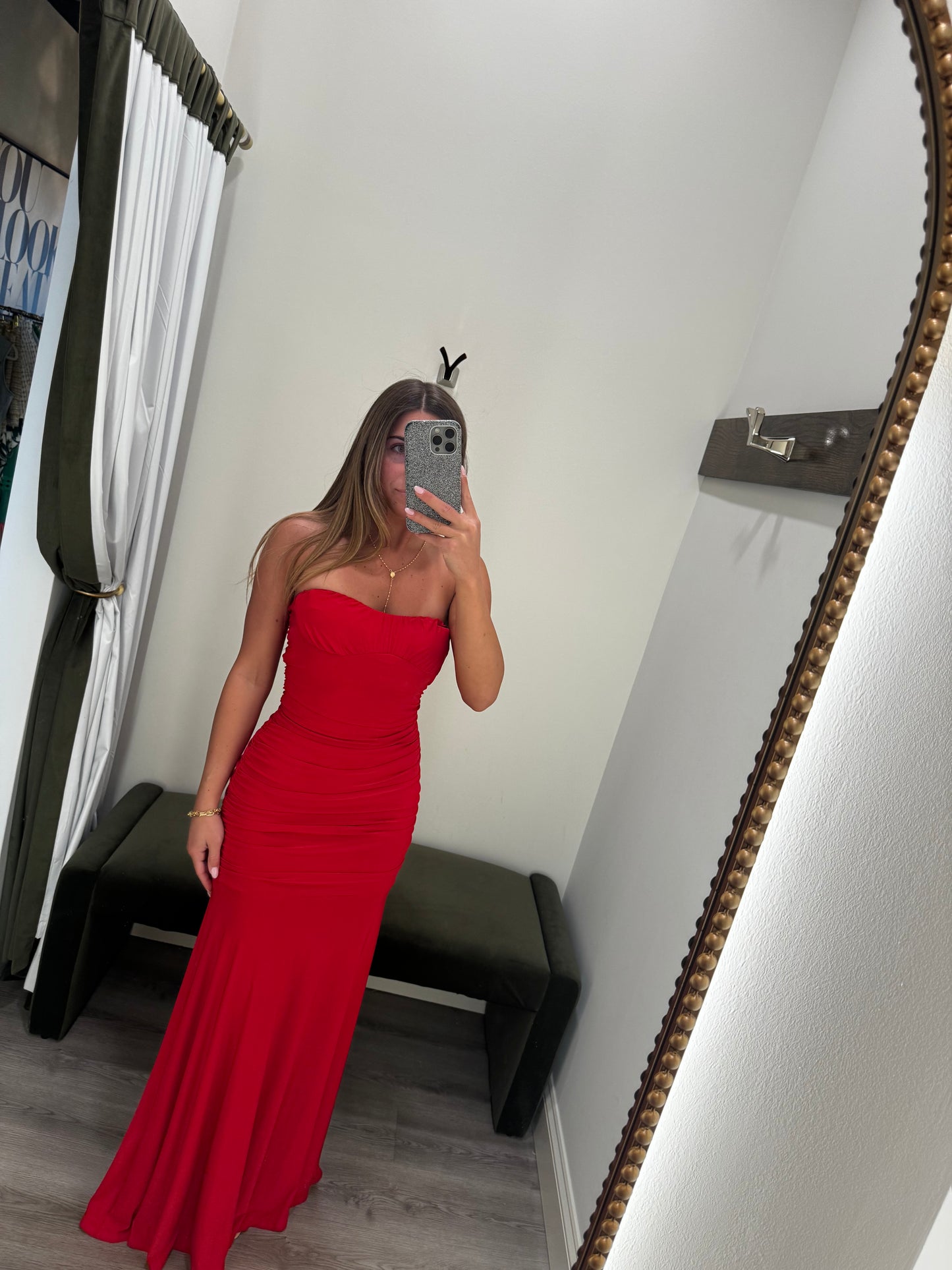 Red Ruched Midi Dress