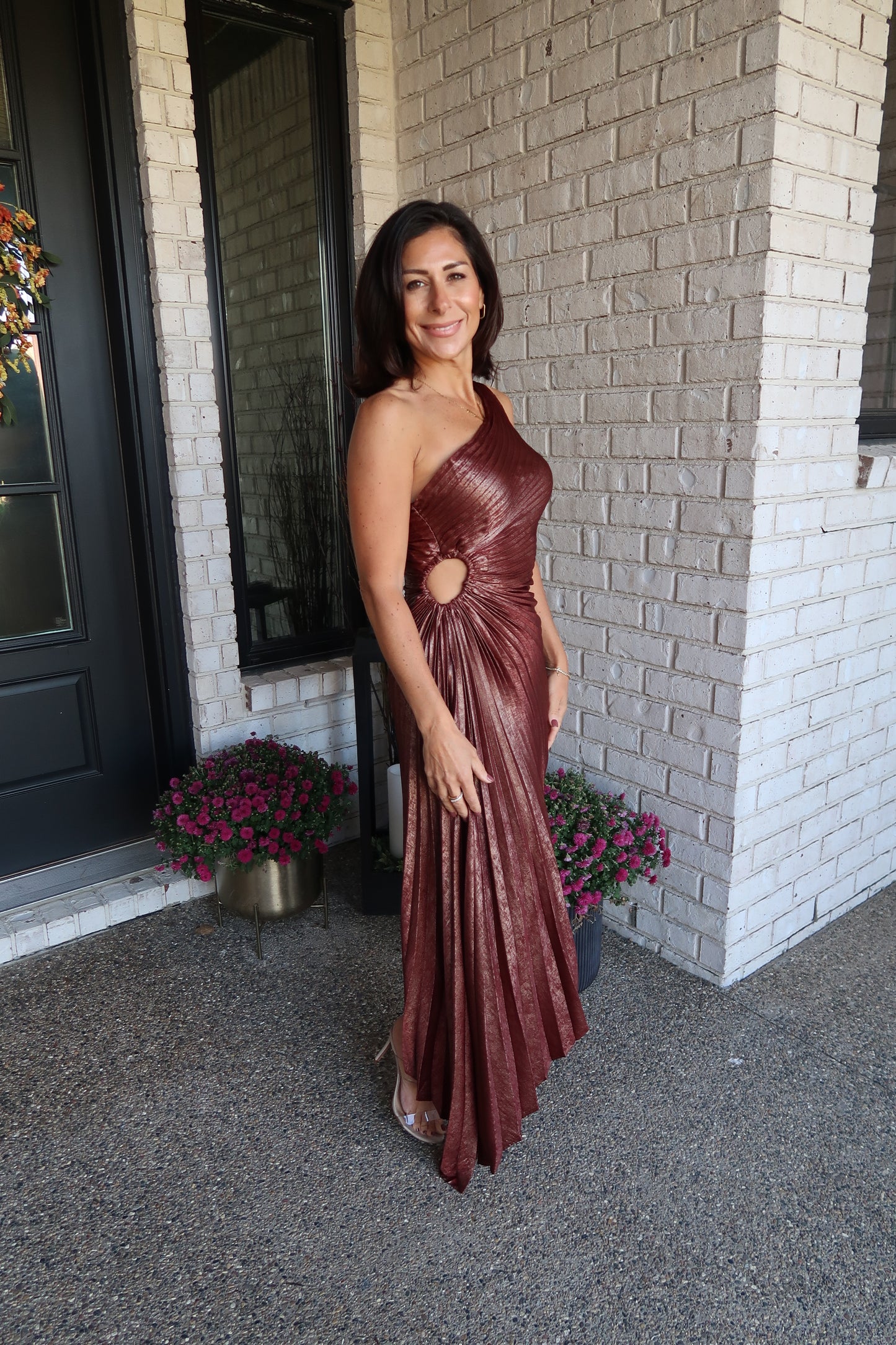 Sunset Gold Metallic Pleated Satin Dress