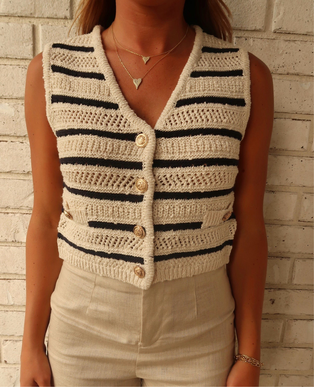 Light Khaki Striped Crochet Knit Vest