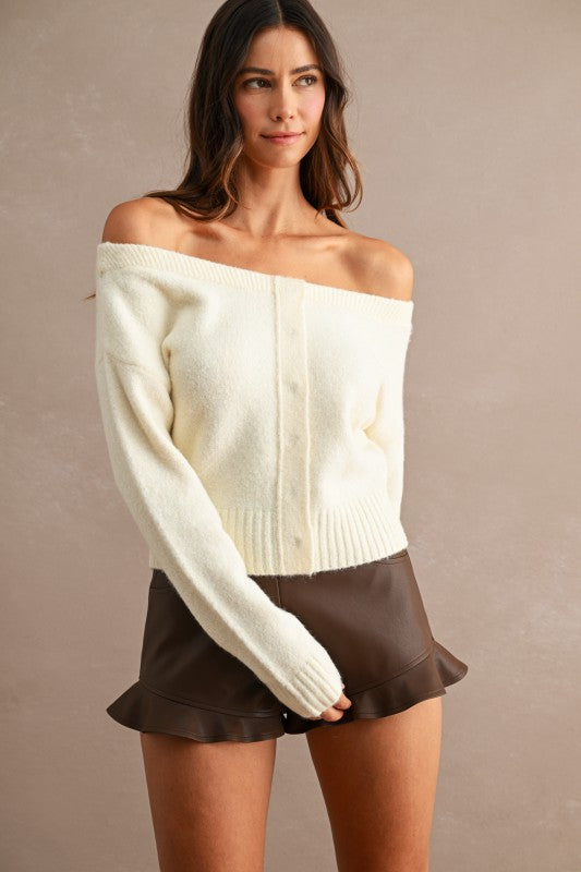 Cream Off Shoulder Cropped Sweater