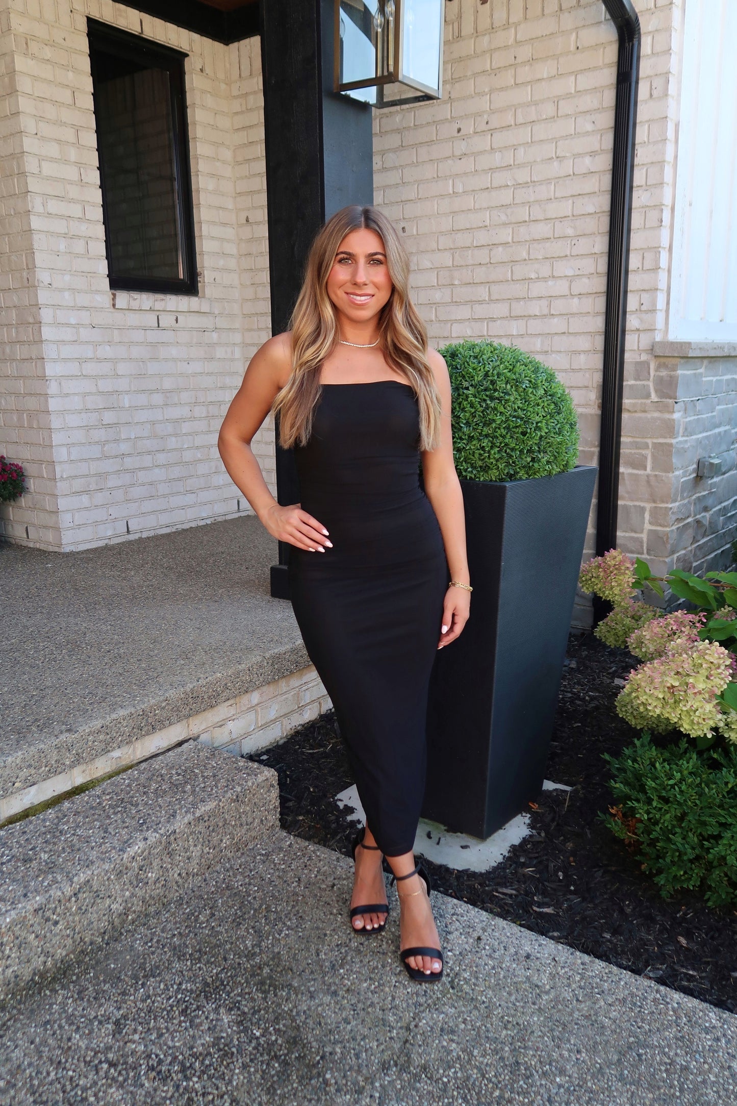 Mesh Strapless Midi Dress - Black