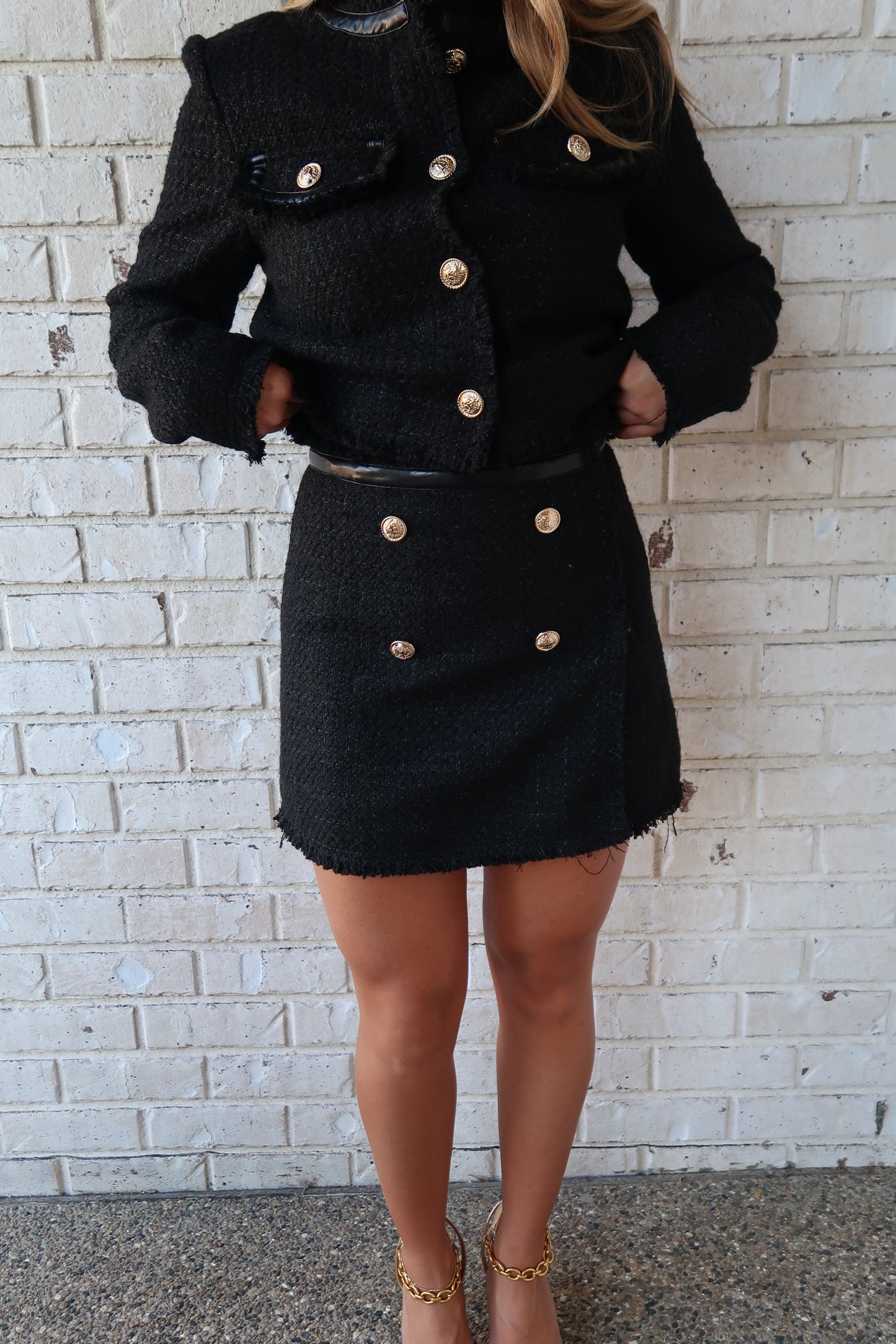 Tweed Leather Contrast Mini Skirt - Black