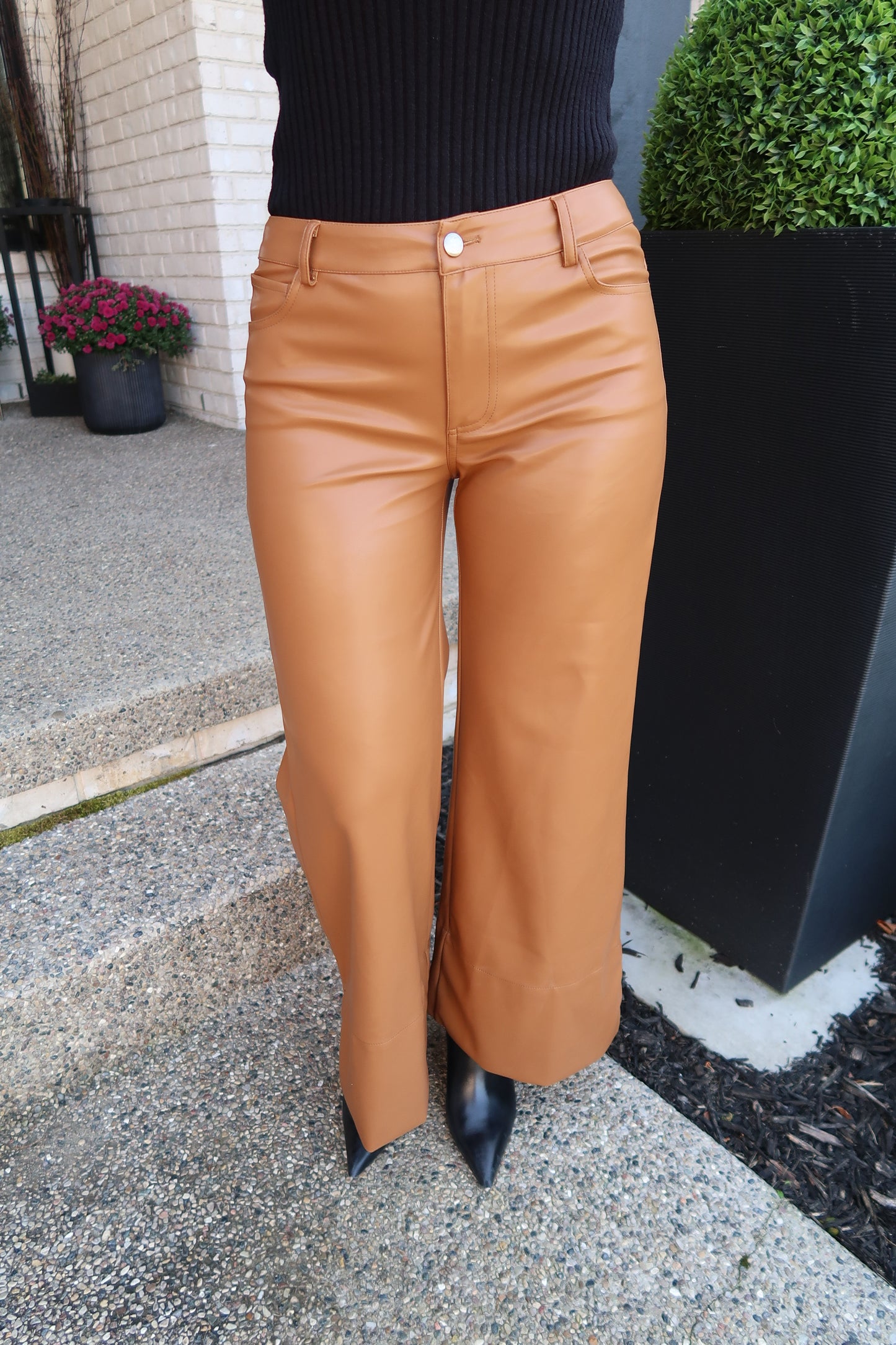 Camel Wide Leg Leather Flare Pants