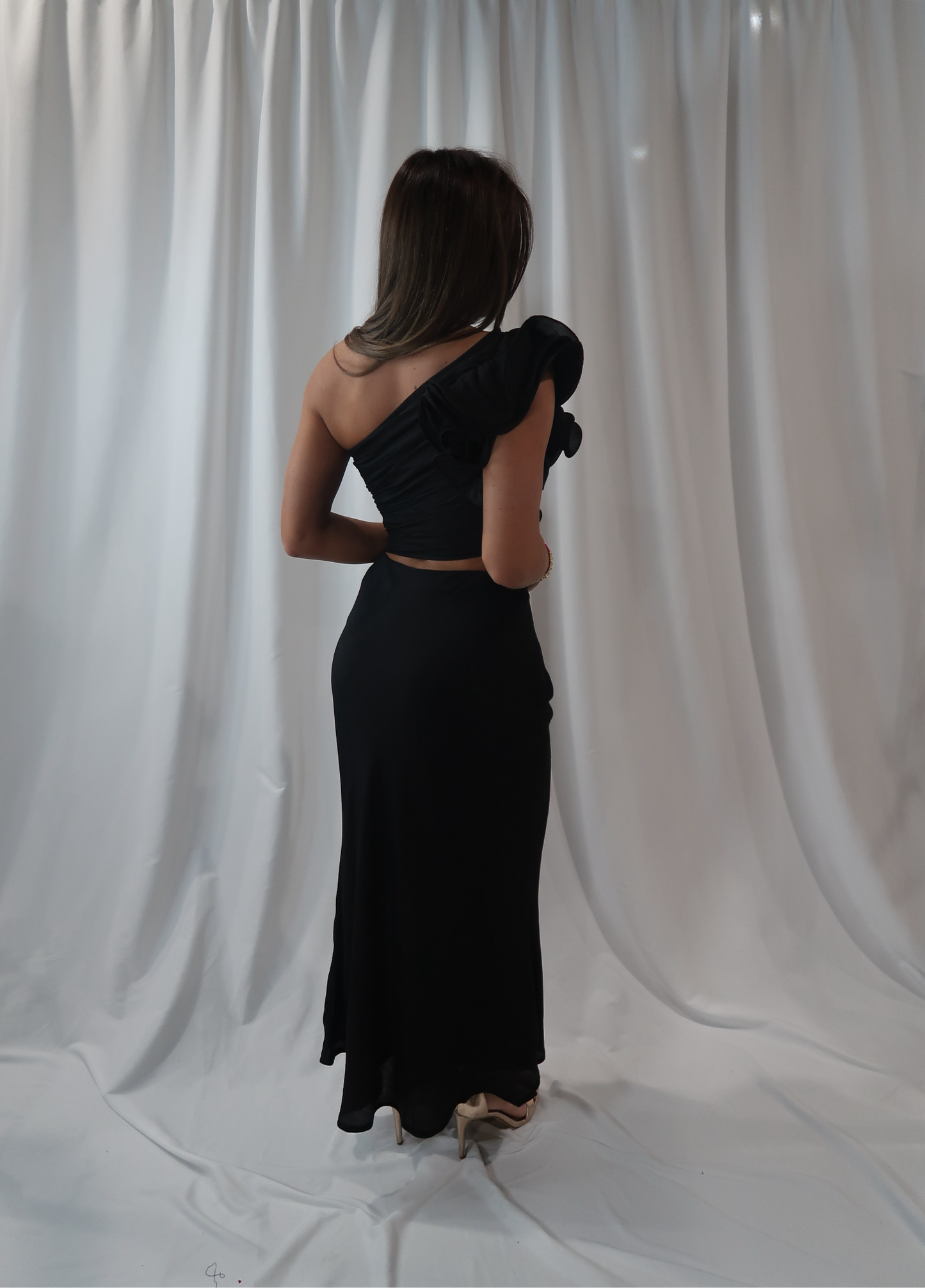 Black Asymmetrical Ruffle Crop Top