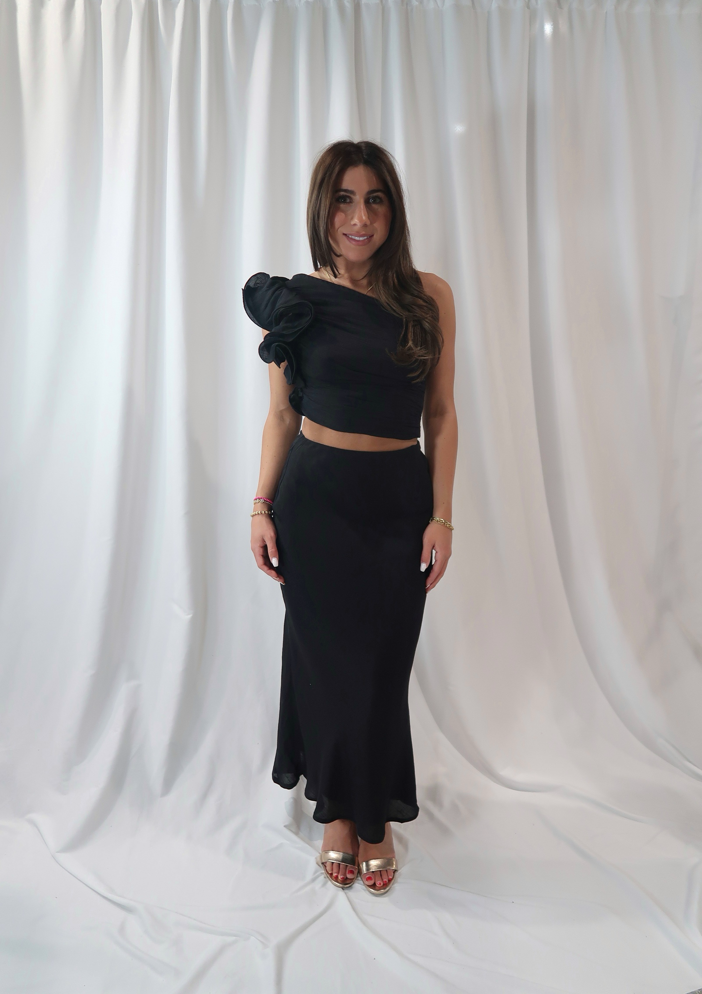 Black Asymmetrical Ruffle Crop Top
