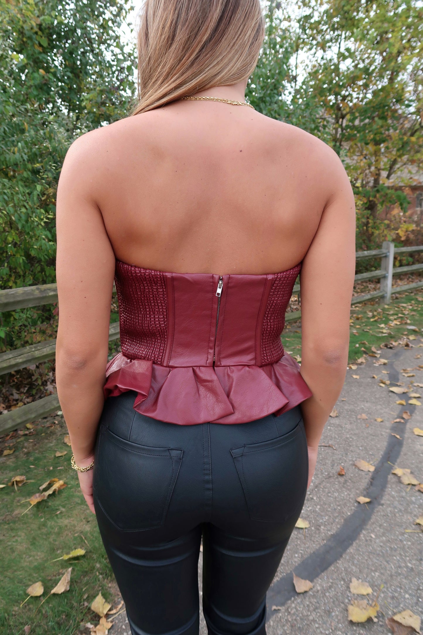 Cherry Leather Peplum Top