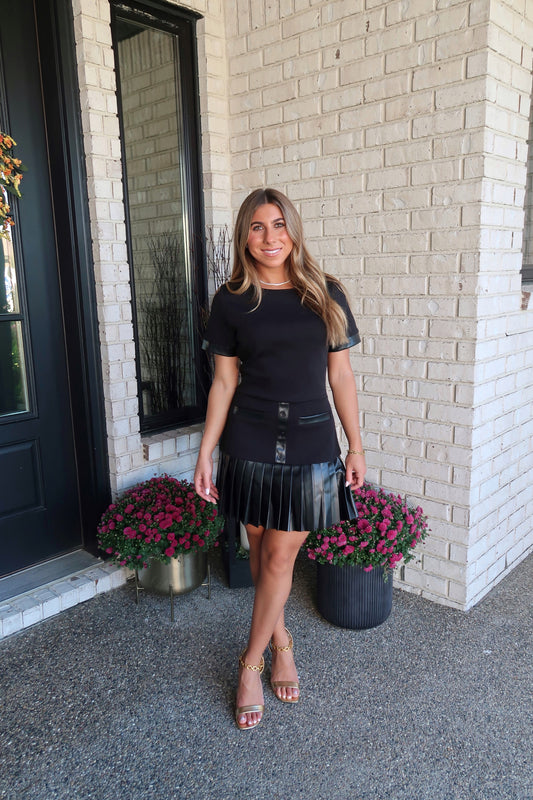 Leather Contrast Black Mini Dress