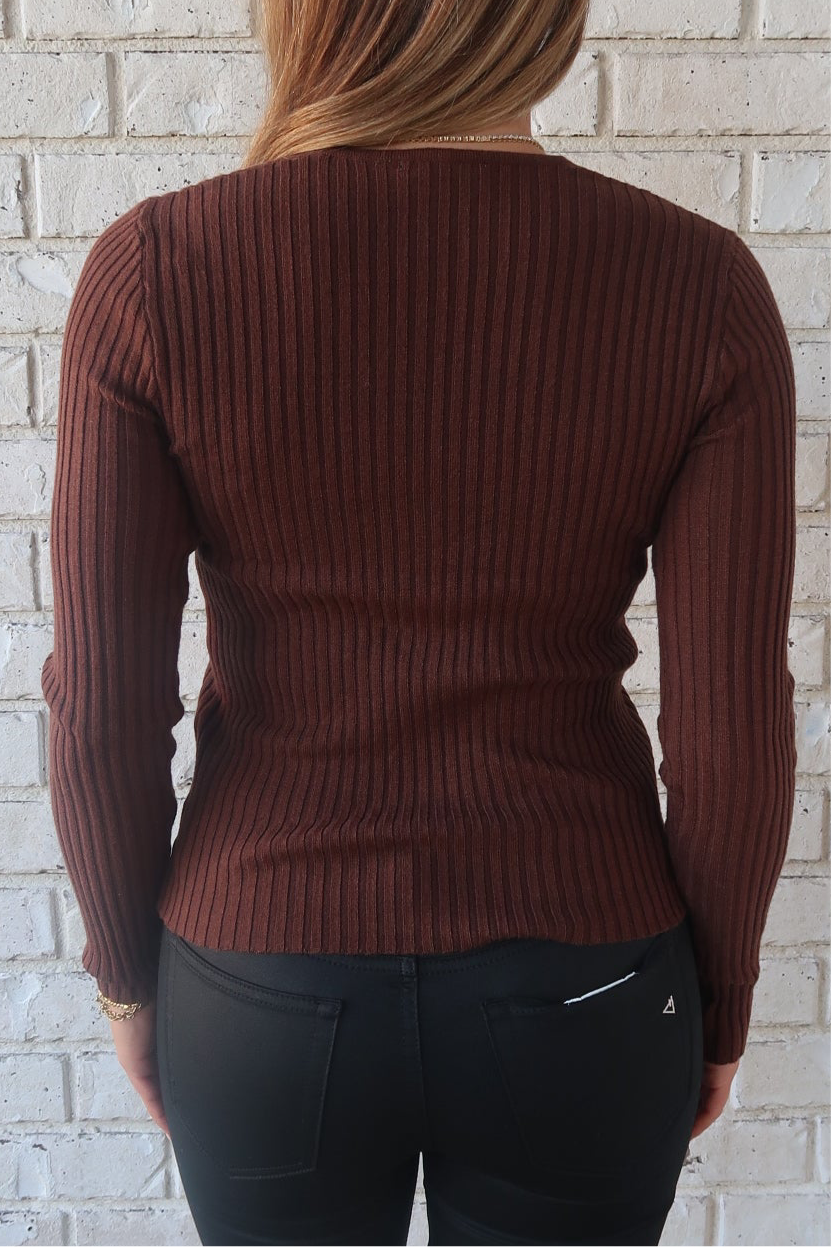 V Neck Long Sleeve Sweater -Brown