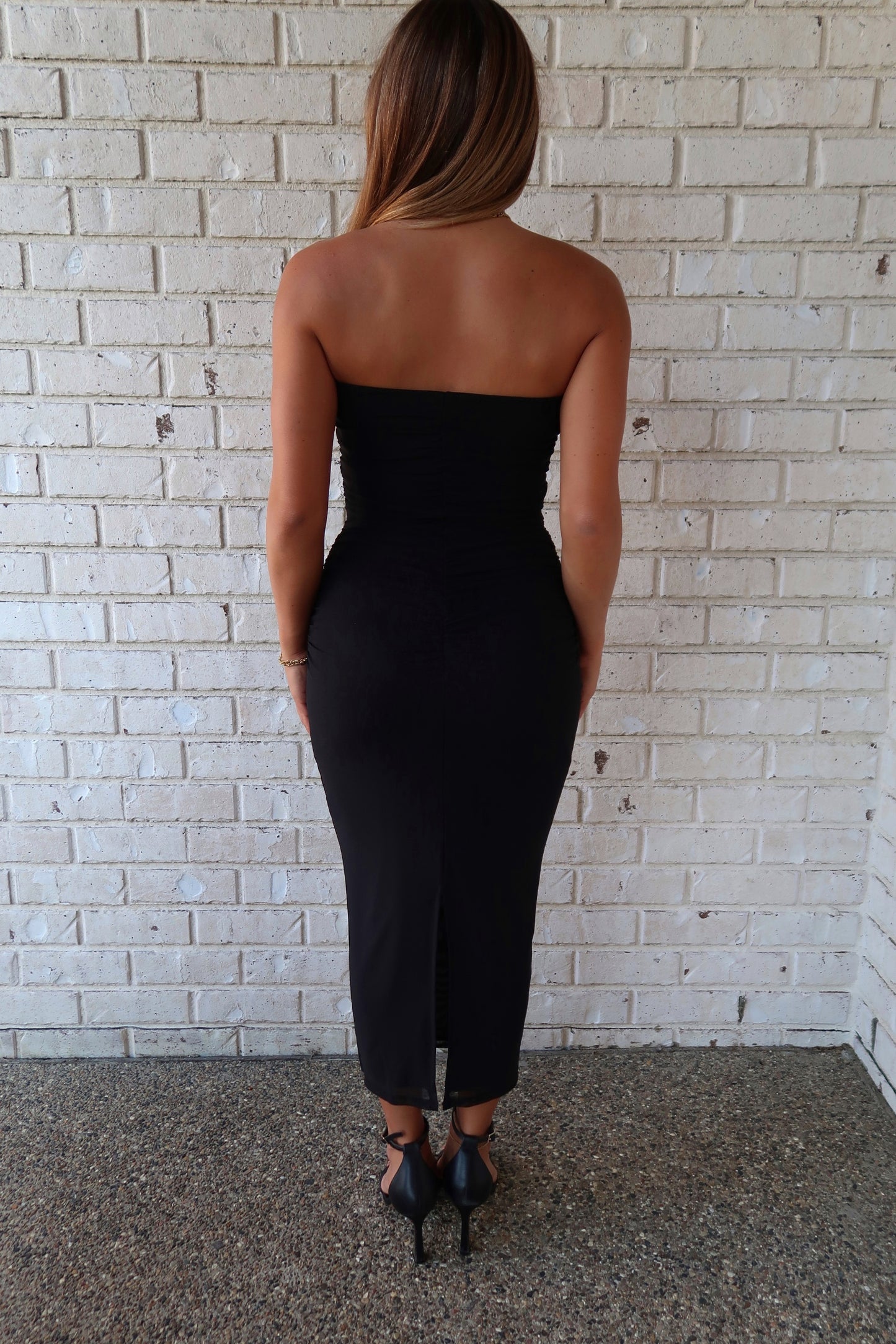 Mesh Strapless Midi Dress - Black
