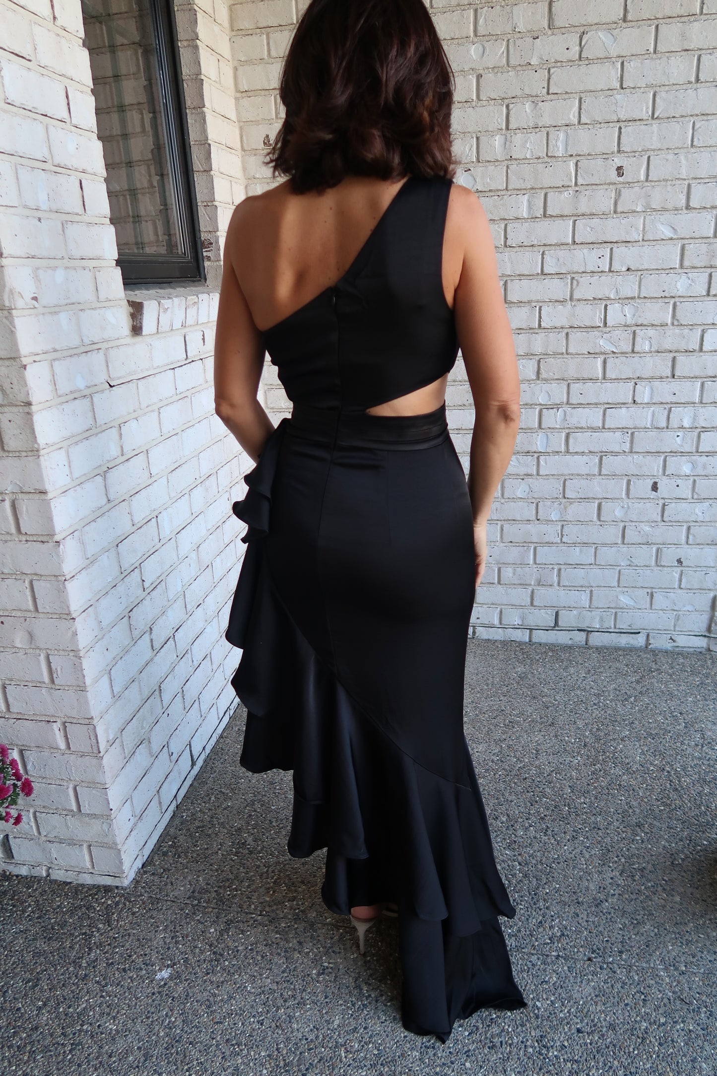 Black Satin Maxi One Shoulder Dress