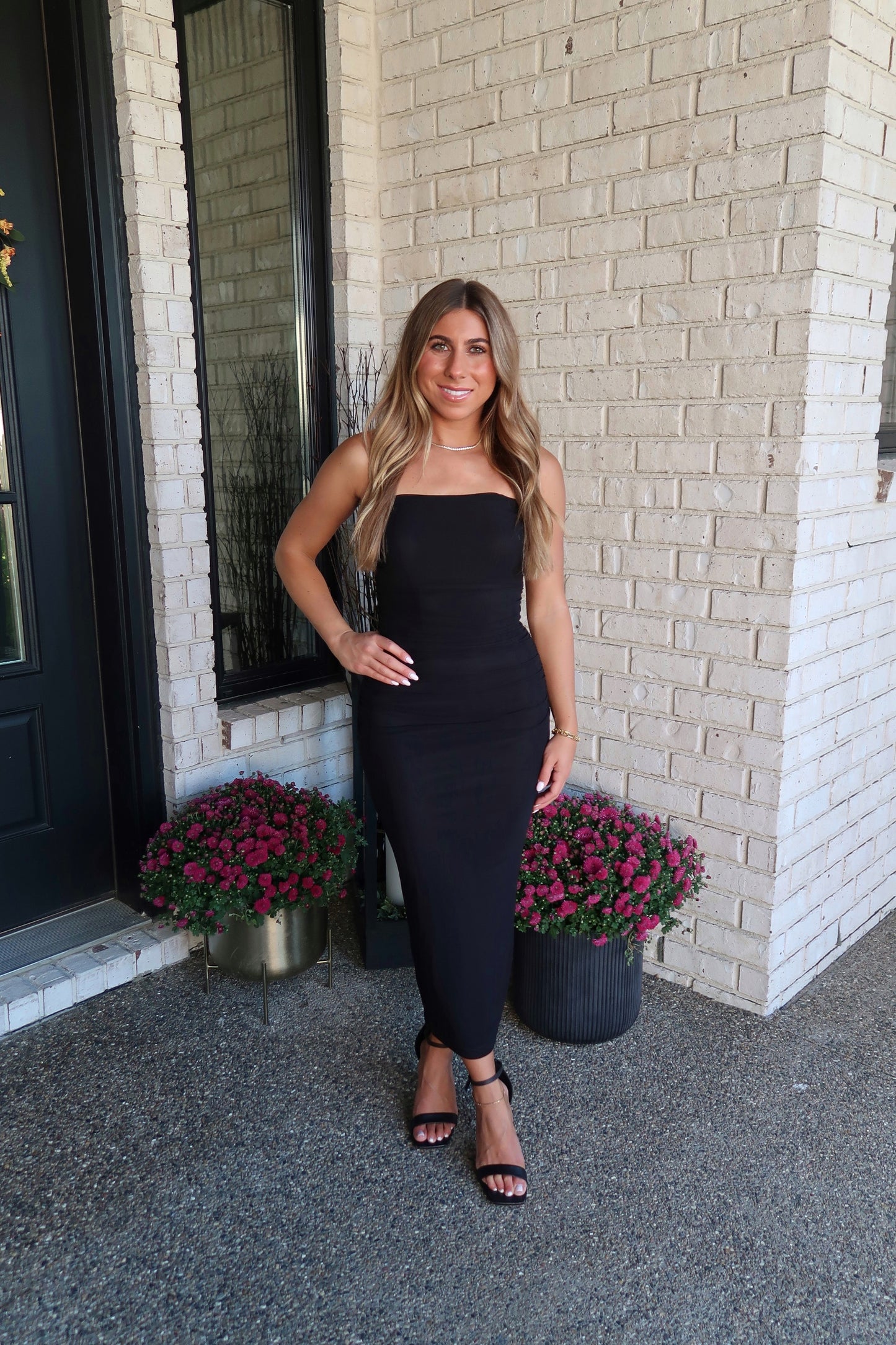 Mesh Strapless Midi Dress - Black