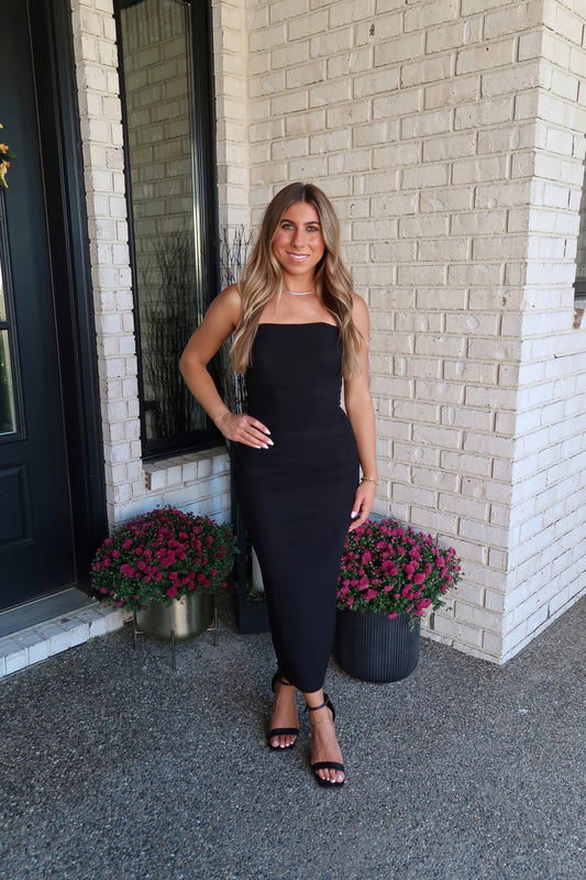 Mesh Strapless Midi Dress - Black