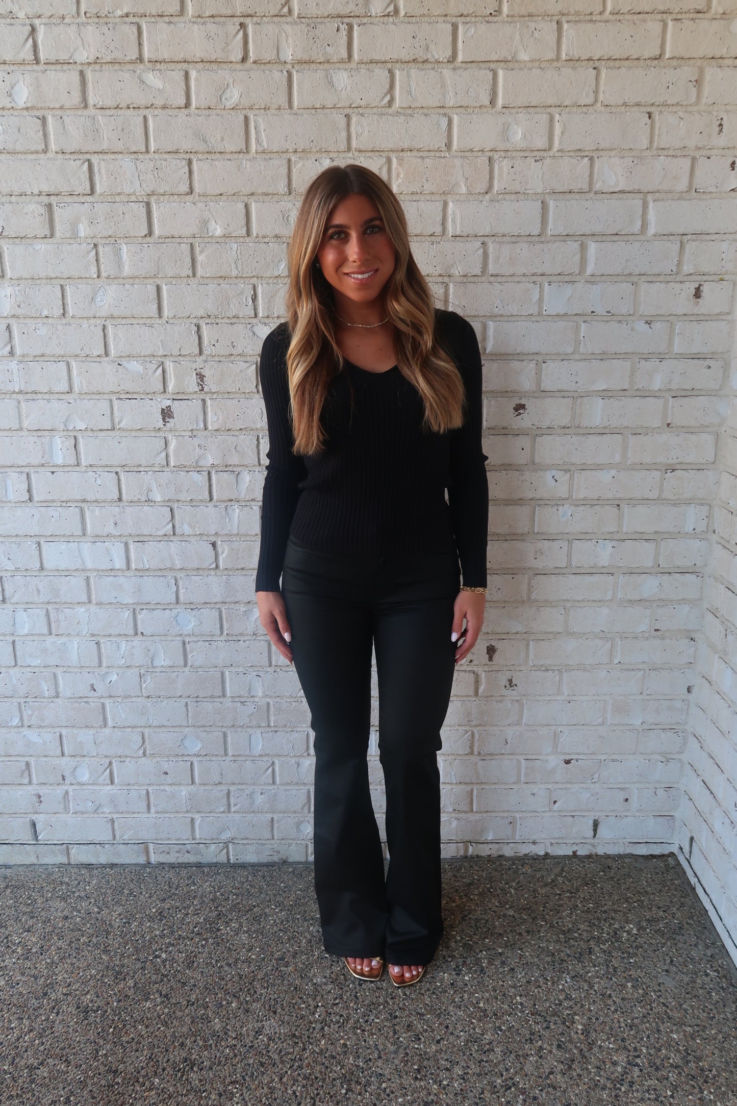 V Neck Long Sleeve Sweater - Black